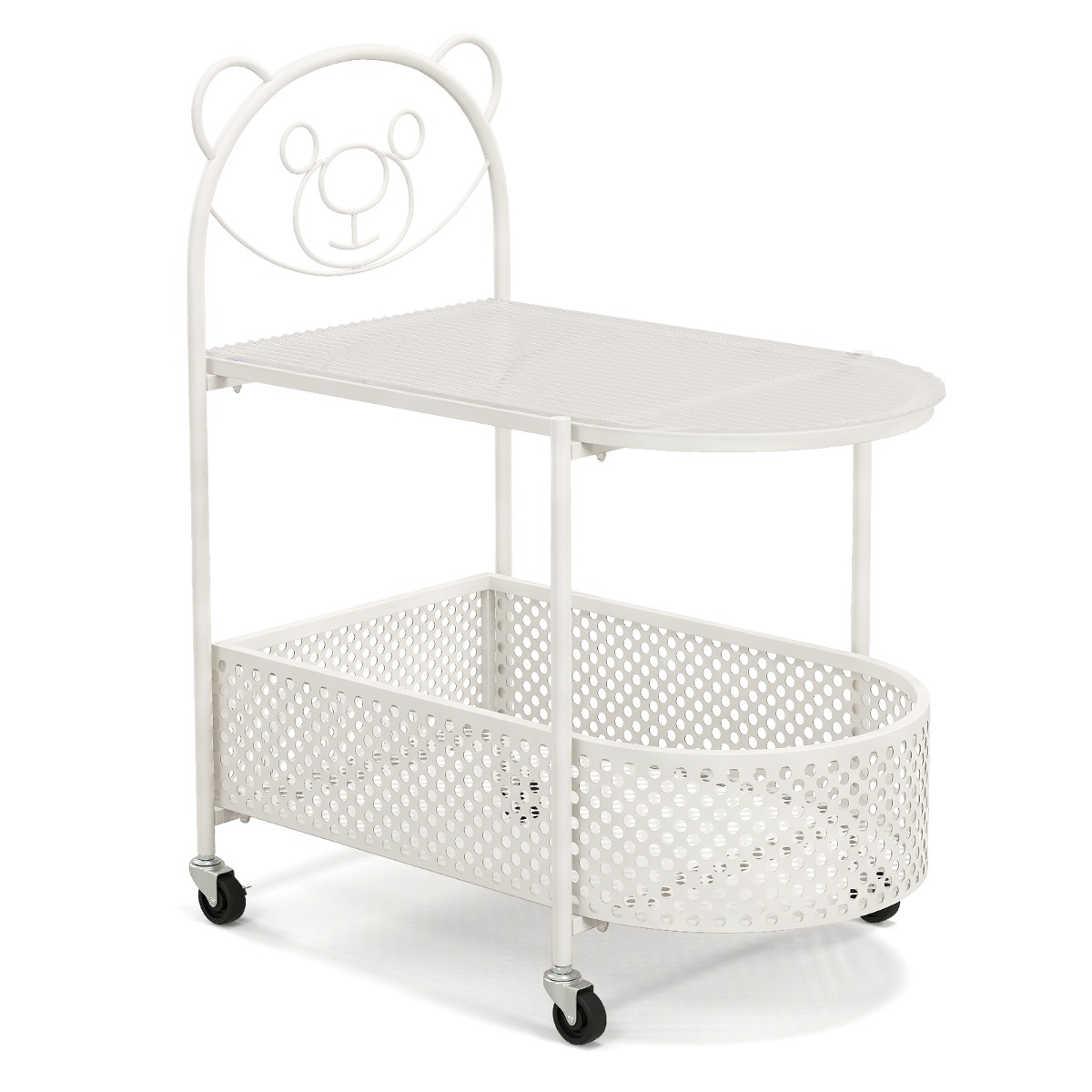 Mesa de Café de Cristal Móvil Mesa Lateral Moderna de 2 Niveles con Patrón de Oso Cesta de Metal Ruedas para Salón Dormitorio Estudio Blanco Costway