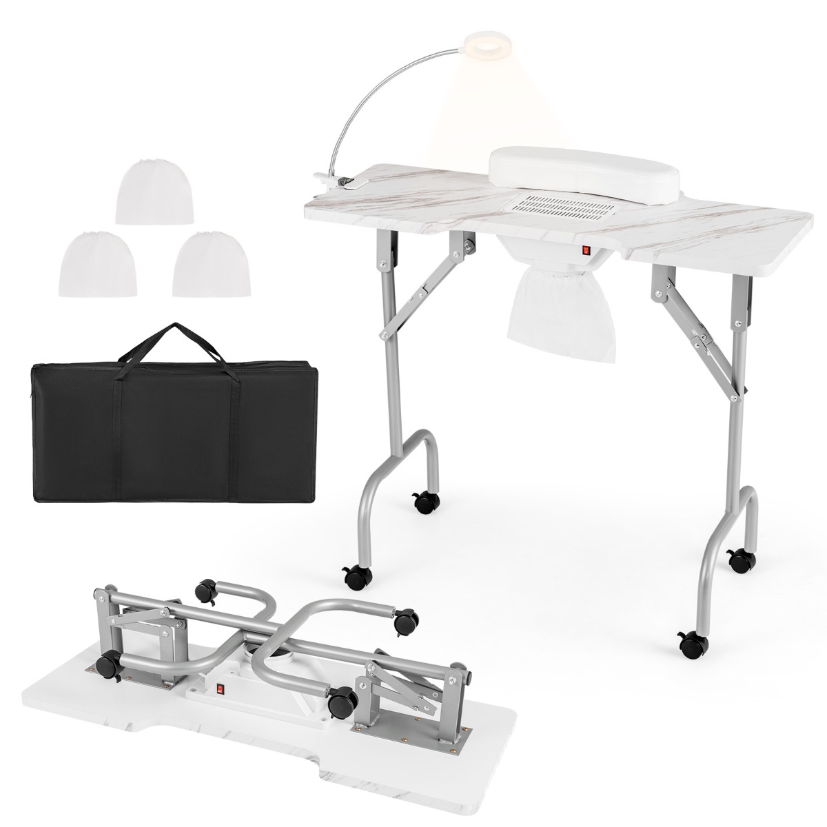 Mesa de Manicura Plegable con Colector de Polvo Eléctrico Lámpara LED 4 Ruedas con Freno 90 x 40 x 77 cm-Blanco Costway