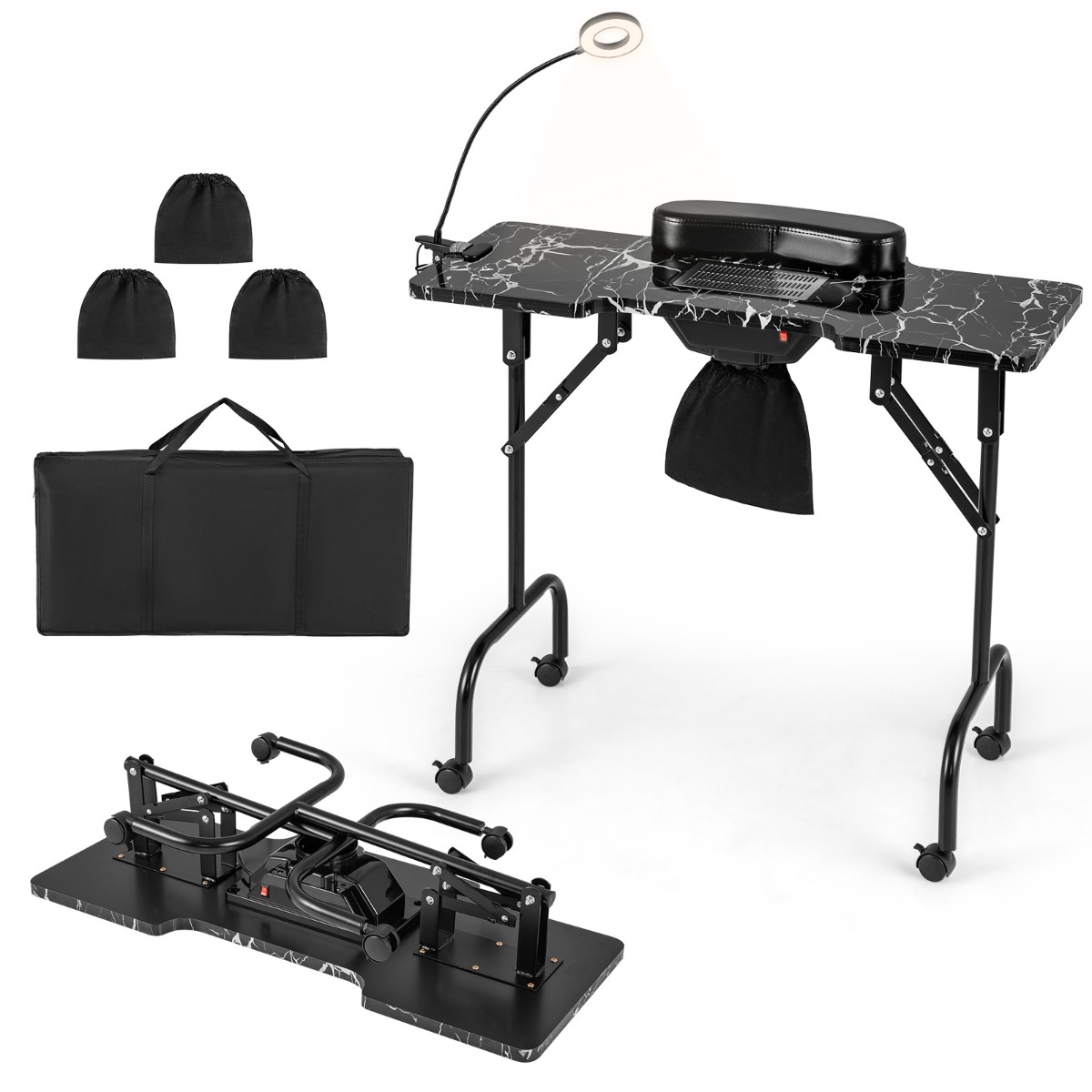 Mesa de Manicura Plegable con Colector de Polvo Eléctrico Lámpara LED 4 Ruedas con Freno 90 x 40 x 77 cm-Negro Costway