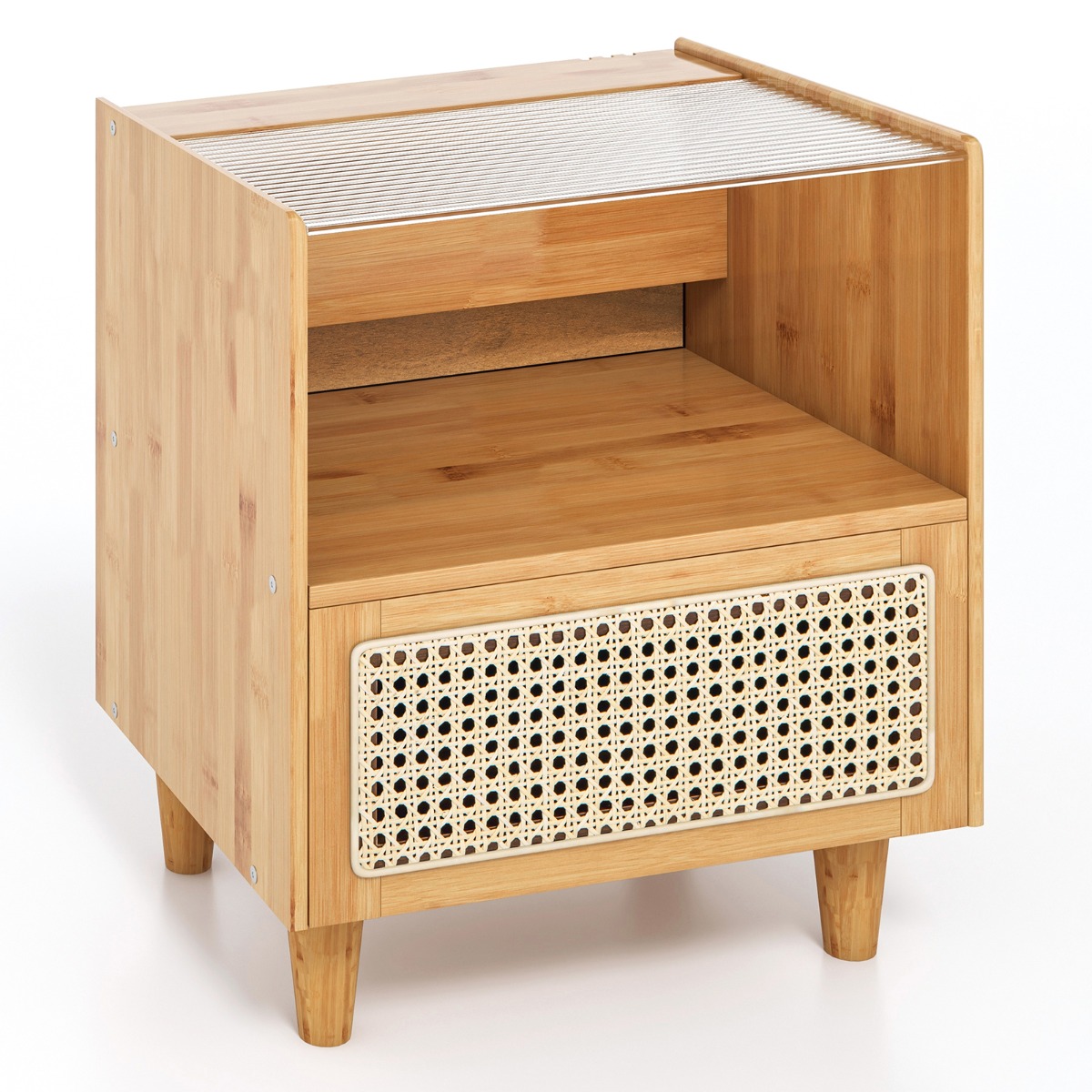 Mesa de Noche de Bambú y Ratán con Cajón y Patas de Madera Maciza Mesa Auxiliar para Dormitorio Salón Natural 43 x 35 x 50 cm-Juego de 1 Costway