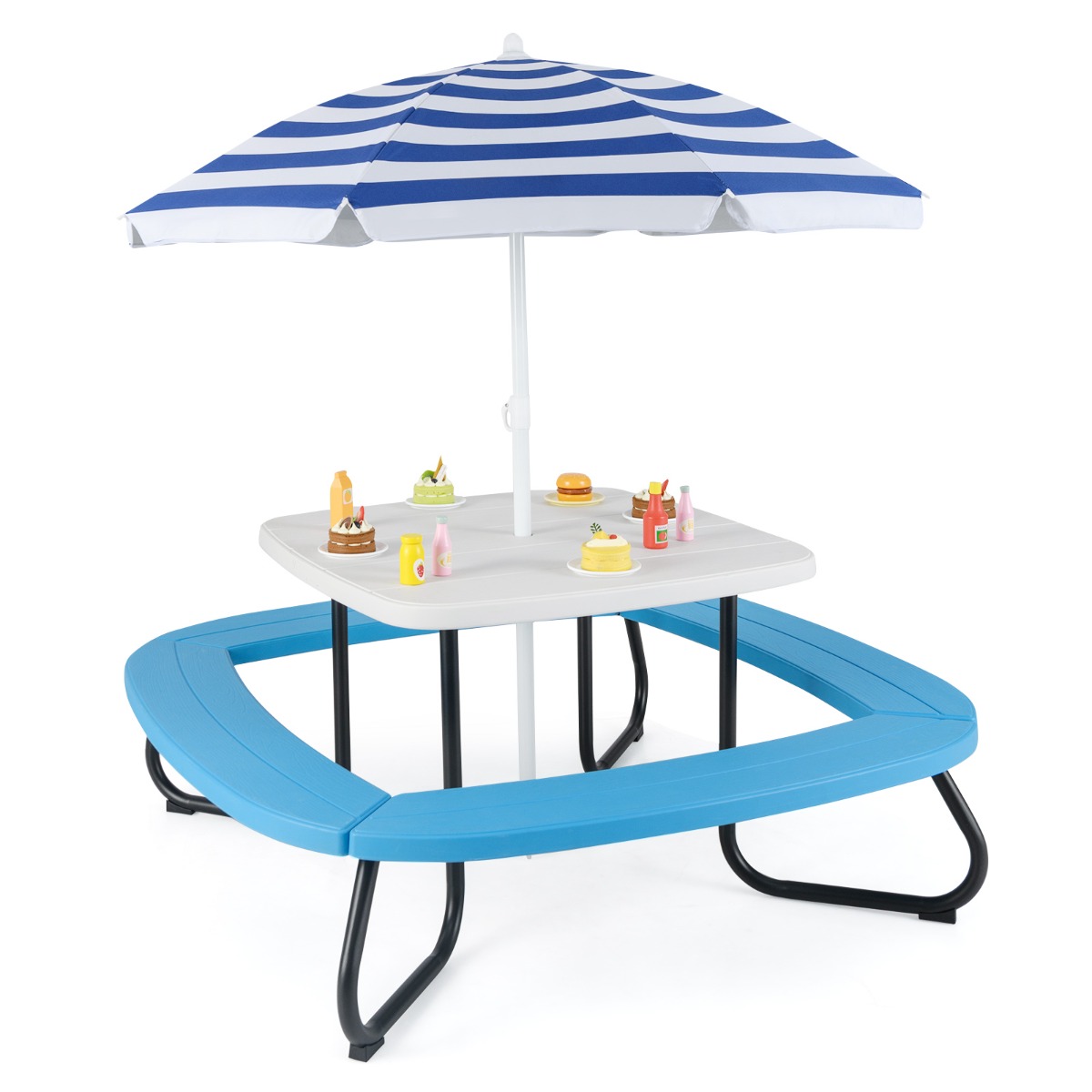 Mesa de Actividades con Sombrilla Ajustable y Plegable 4 Bancos Incorporados para Hasta 8 Niños 125 × 125 × 100-160 cm-Blanco Costway