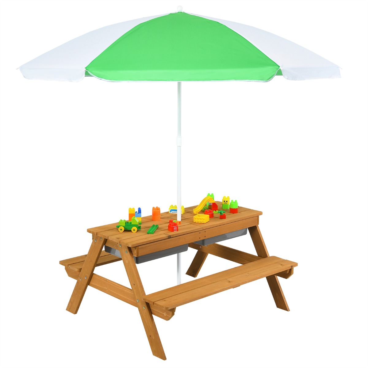 Mesa de Picnic para Niños 3 en 1 con Sombrilla Desmontable y Ajustable Altura de 117-187 cm Mesa de Madera para Jardín Patio Verde Costway