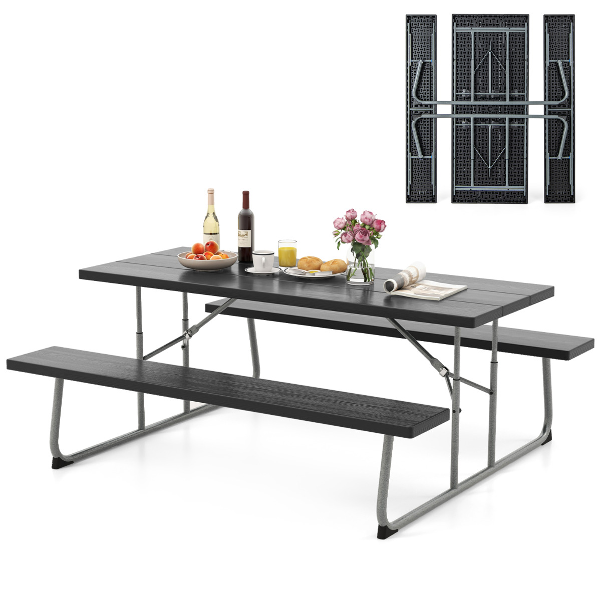 Costway Mesa de Picnic Plegable de 183 cm para 8 Personas con 2 Bancos Marco de Metal Orificio para Sombrilla Mesa de HDPE para Jardín Negro