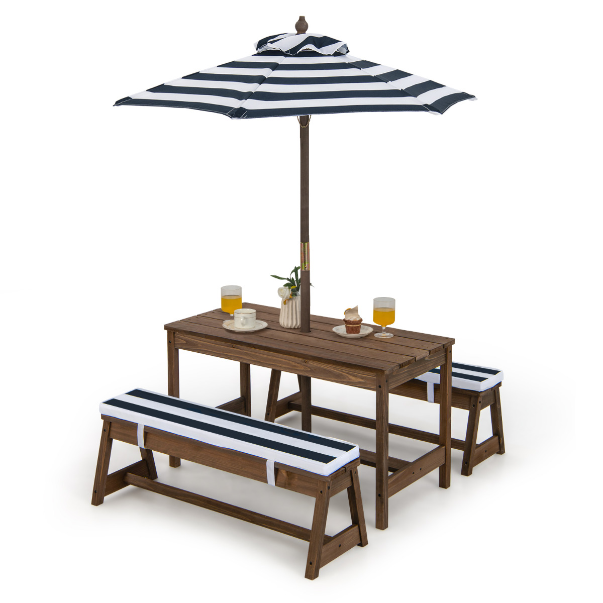Mesa de Picnic para Niños con Sombrilla Juego de Mesa y Banco de Madera con Cojines Muebles Portátiles para Jardín Patio Trasero Azul Costway