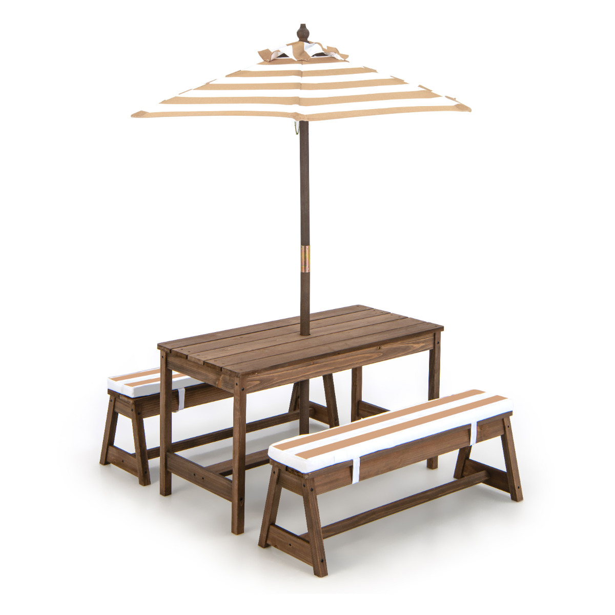 Mesa de Picnic para Niños con Sombrilla Juego de Mesa y Banco de Madera con Cojines Muebles Portátiles para Jardín Patio Trasero Marrón Costway