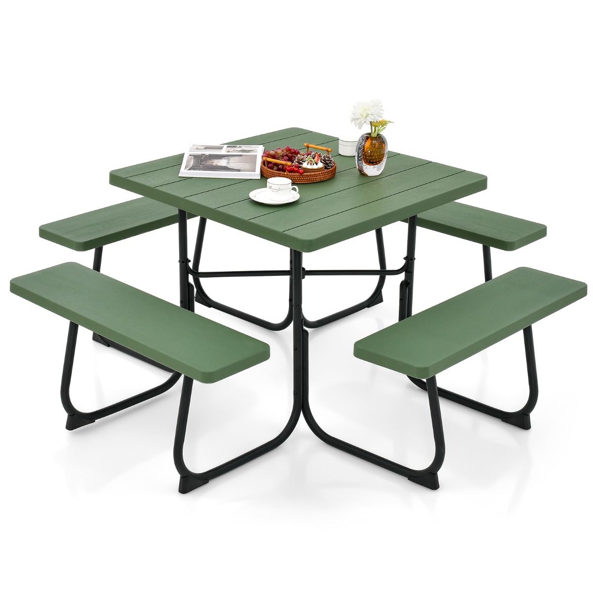 Juego de Banco de Mesa de Picnic Cuadrada para 8 Personas con 4 Bancos y Orificio para Sombrilla Marco de Metal y Mesa de HDPE Verde Costway