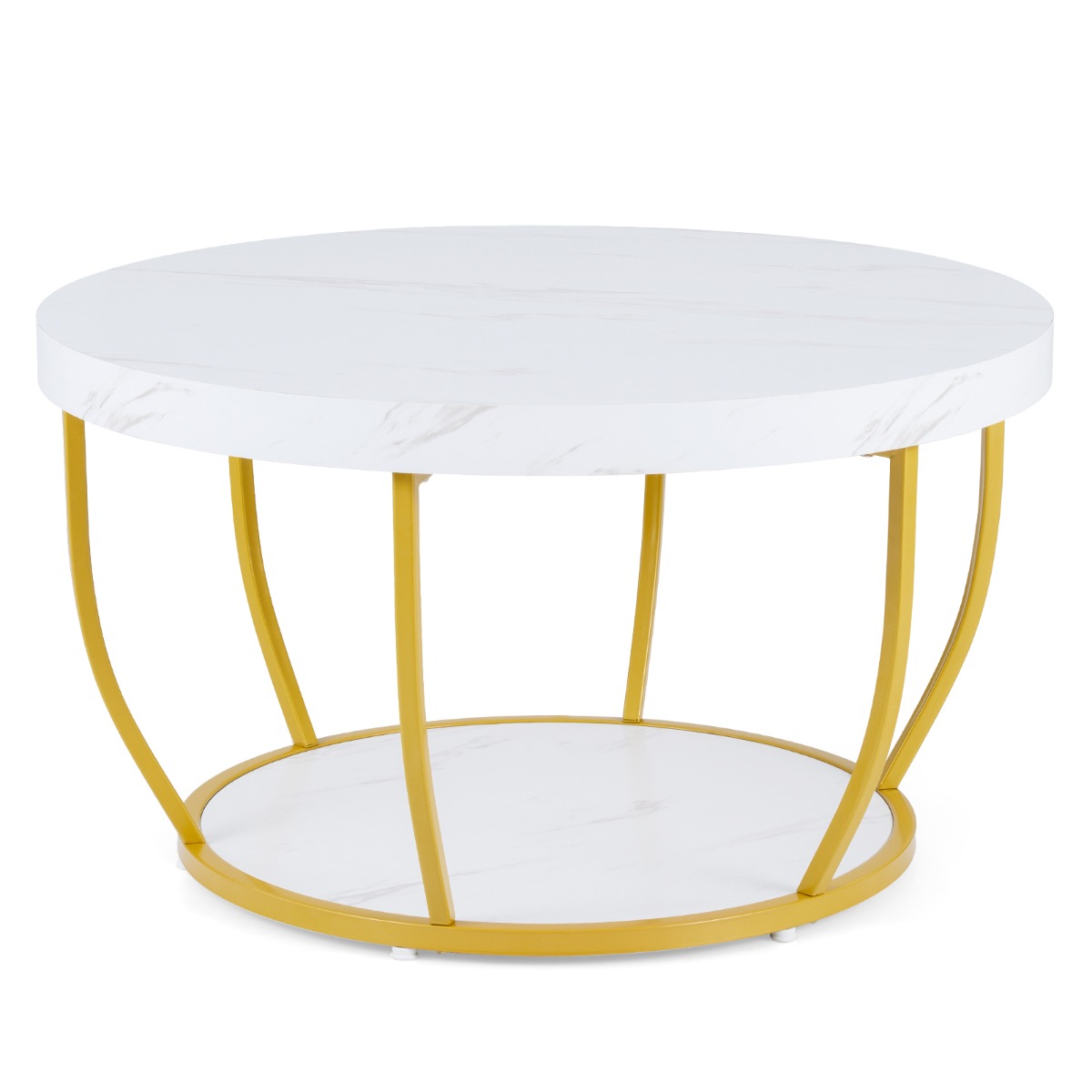Mesa de Café Redonda de 2 Niveles con Almacenaje Mesa de Té de 80 cm con Estructura de Metal Mesa Lateral para Sala de Estar Blanco Costway