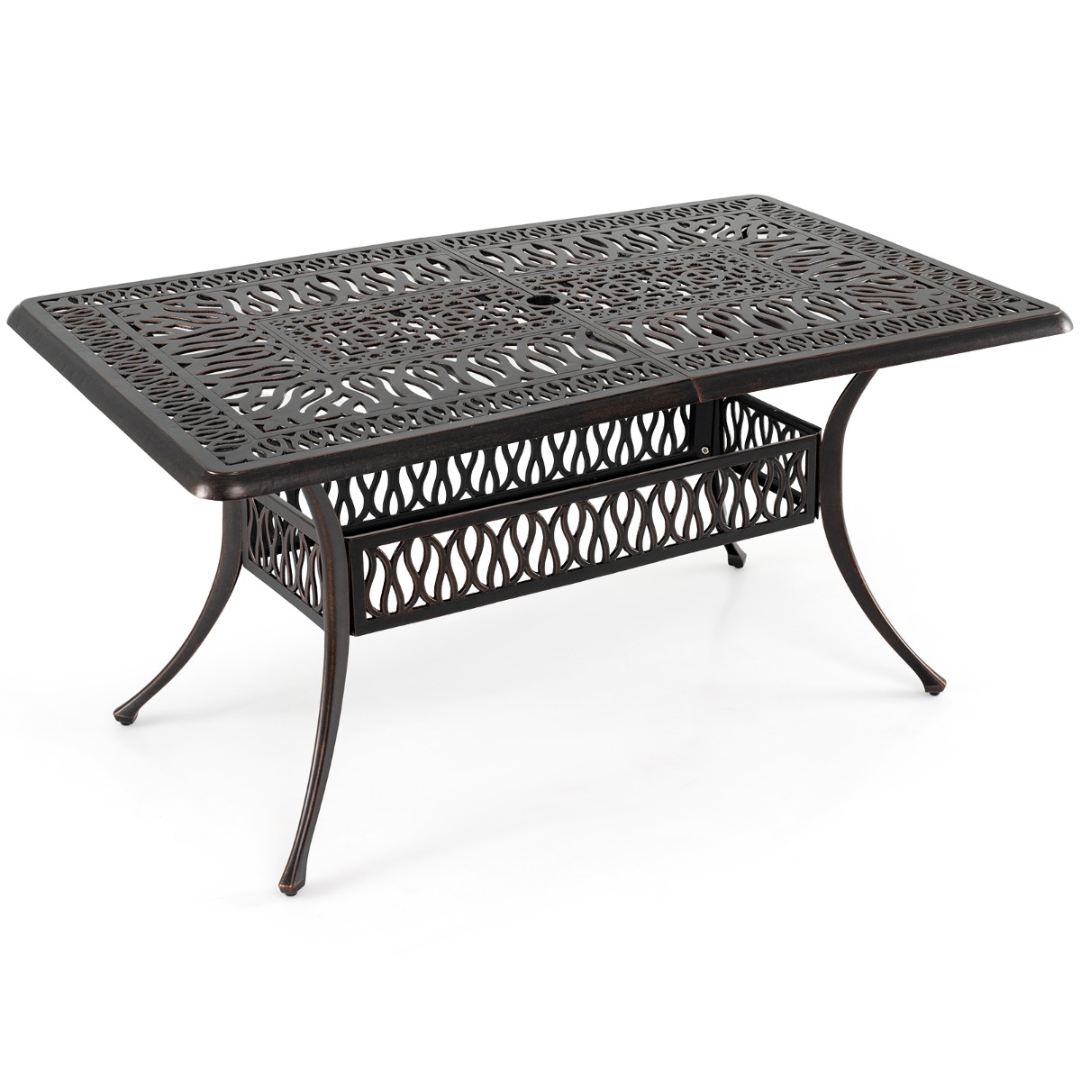 Costway Mesa de Centro Exterior de Aluminio Fundido con Agujero para Sombrilla 5cm Almohadillas Ajustables Rectangular Vintage 151x91x73cm