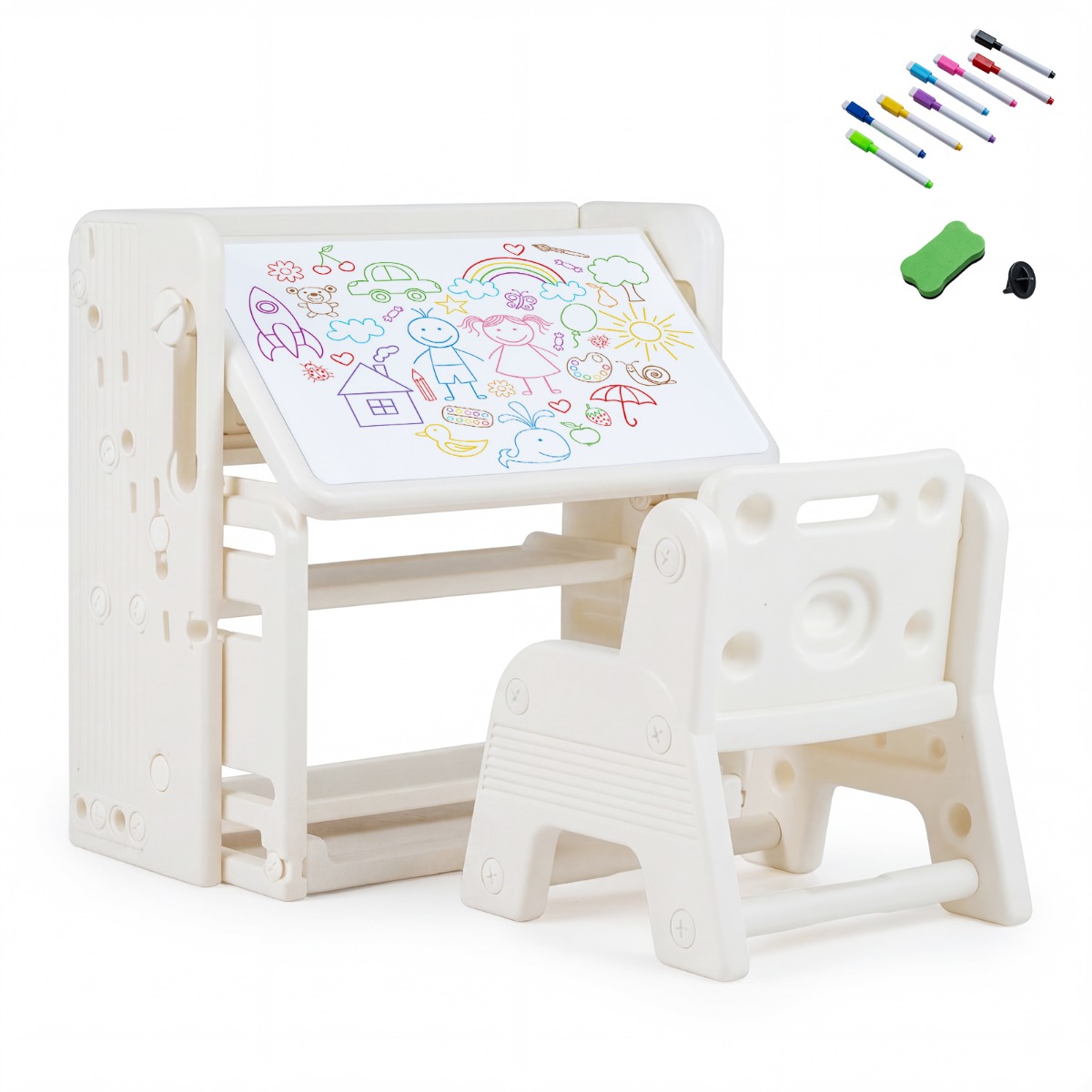 Conjunto Escritorio y Silla Infantil con Estanterías Laterales Cestas Almacenamiento Pizarra Borrable Estantes Abiertos para 3+ Años Crema Costway