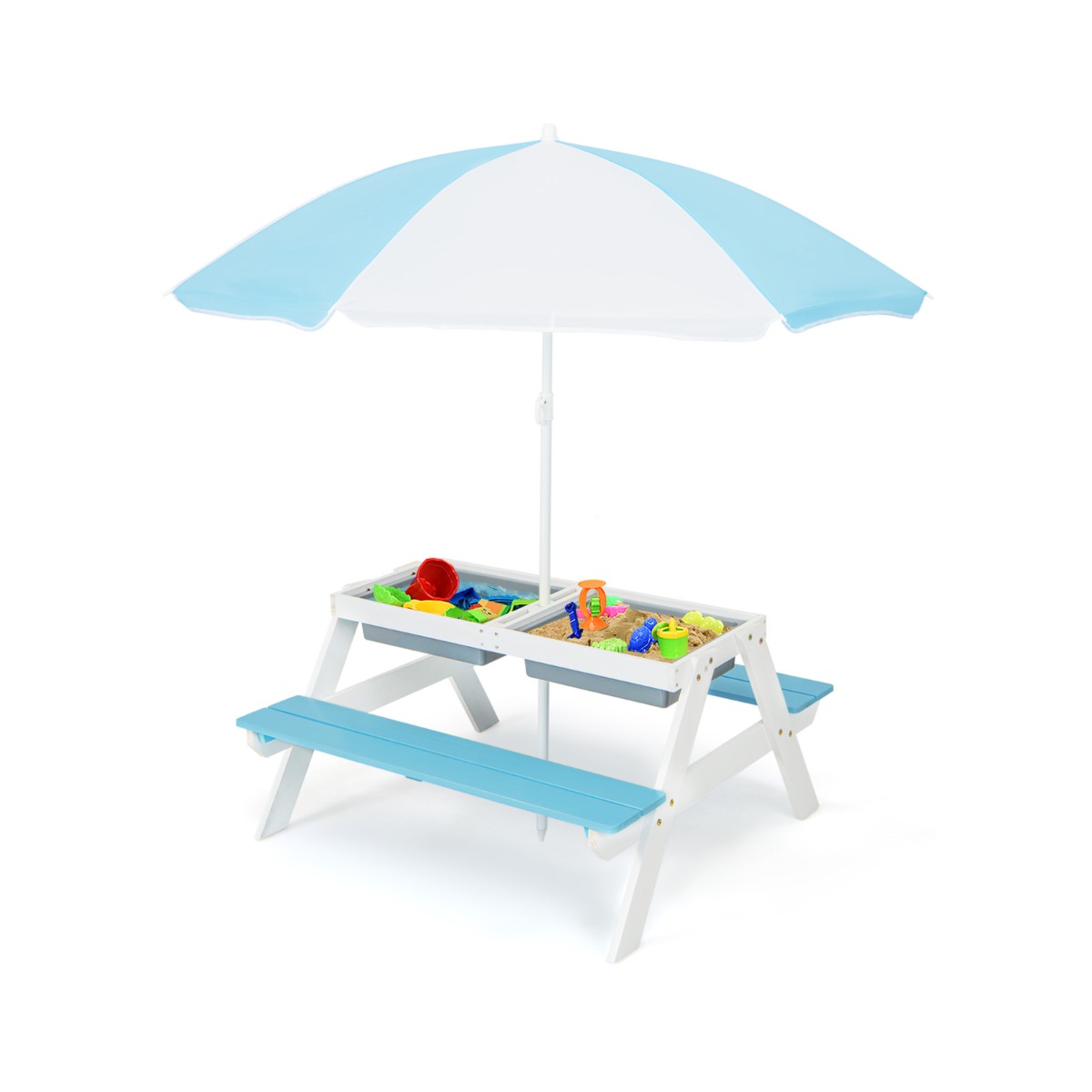 Mesa de Picnic para Niños 3 en 1 con Sombrilla Desmontable y Ajustable Altura de Mesa de Madera para Jardín Patio Multicolor Costway