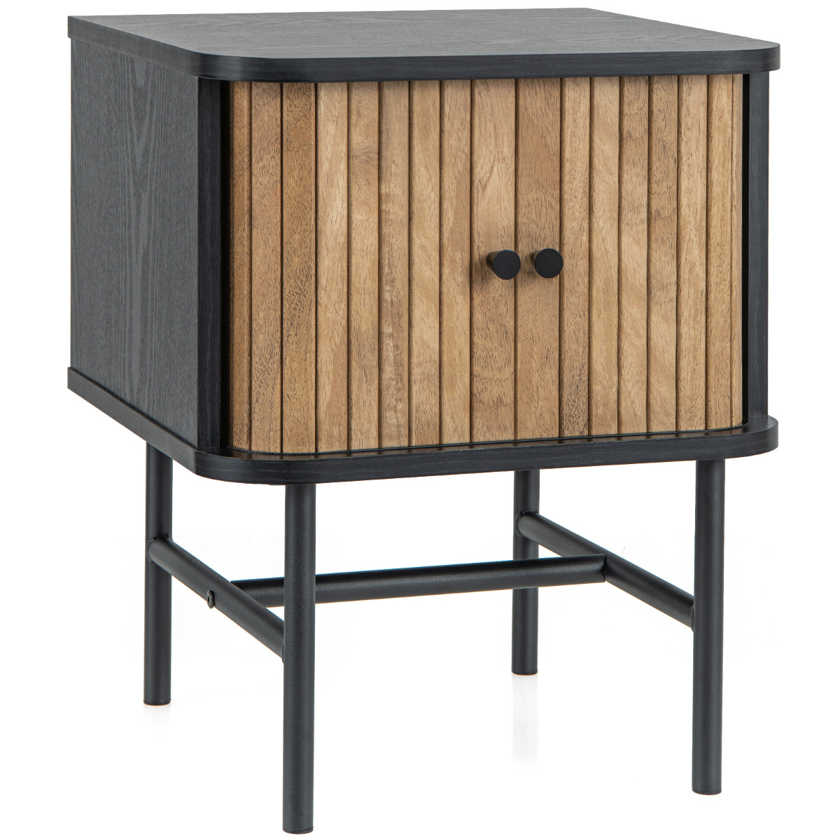 Mesita de Noche con Puertas Correderas Mesa Auxiliar para Dormitorio con Gabinete de Almacenamiento Patas de Metal 40 x 39 x 49 cm Negro Costway