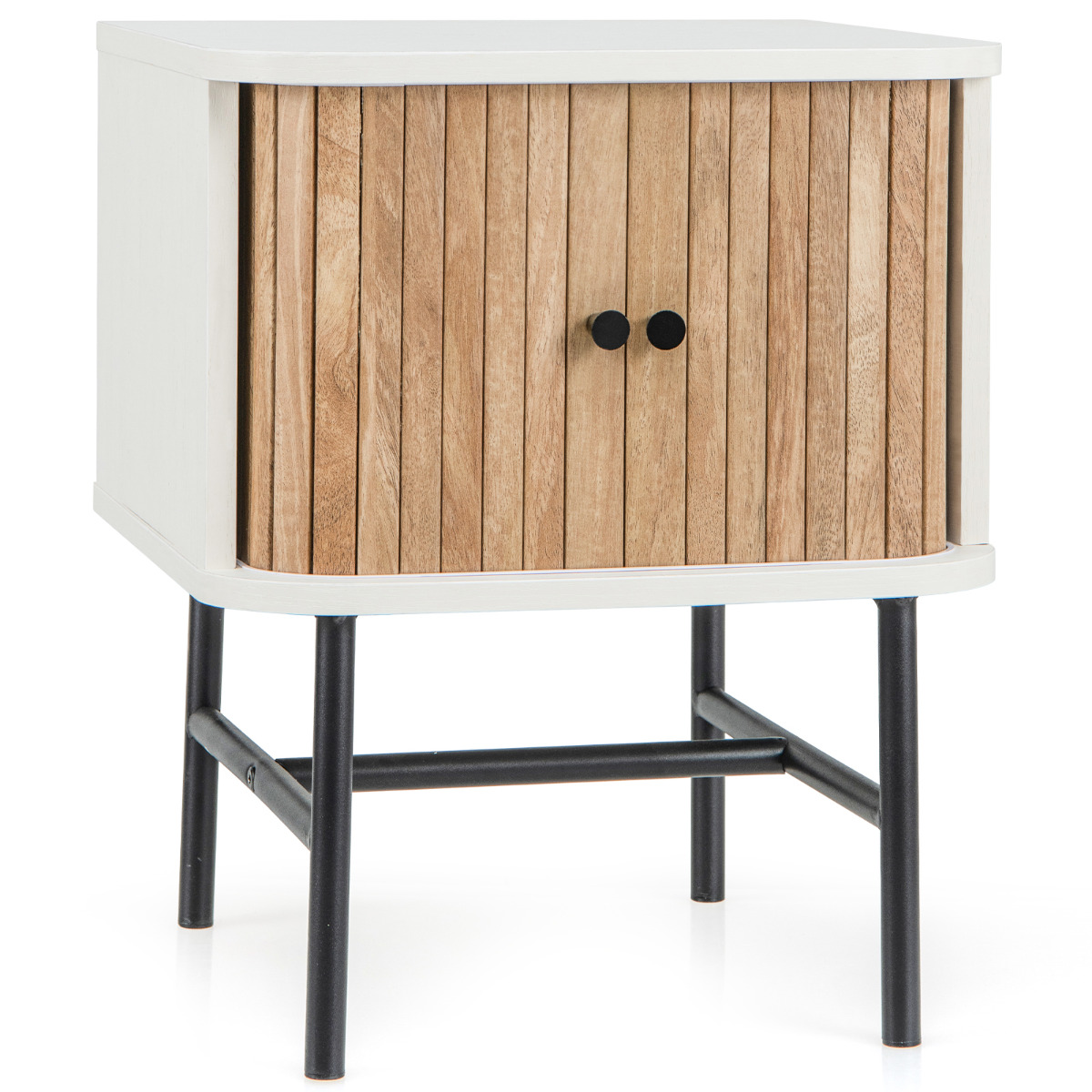 Mesita de Noche con Puertas Correderas Mesa Auxiliar para Dormitorio con Gabinete de Almacenamiento Patas de Metal 40 x 39 x 49 cm Blanco Costway