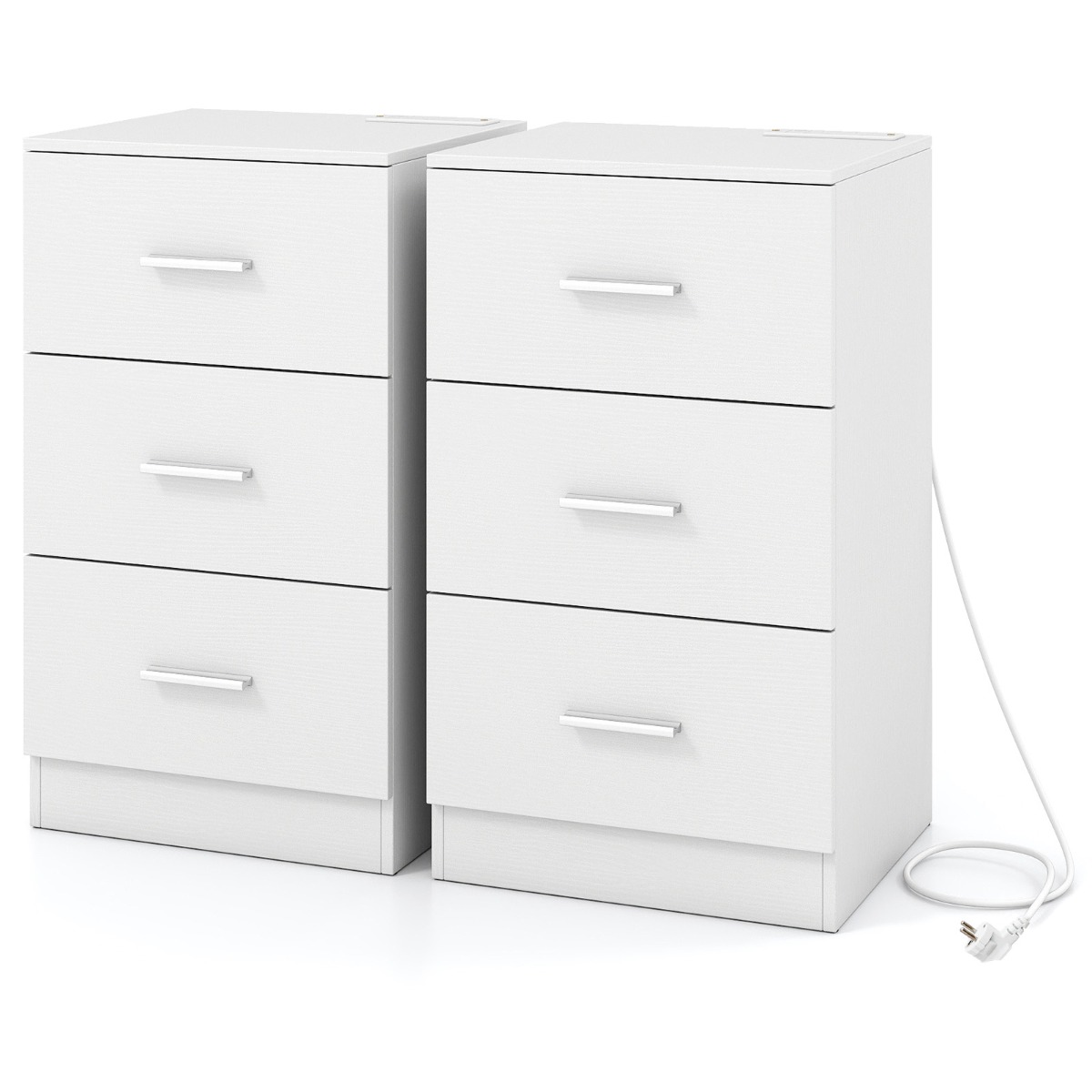 Juego de 2 Mesitas de Noche Estación de Carga 3 Cajones Puerto USB Antivuelco Moderna Sala Dormitorio Mesa Auxiliar Blanco Costway