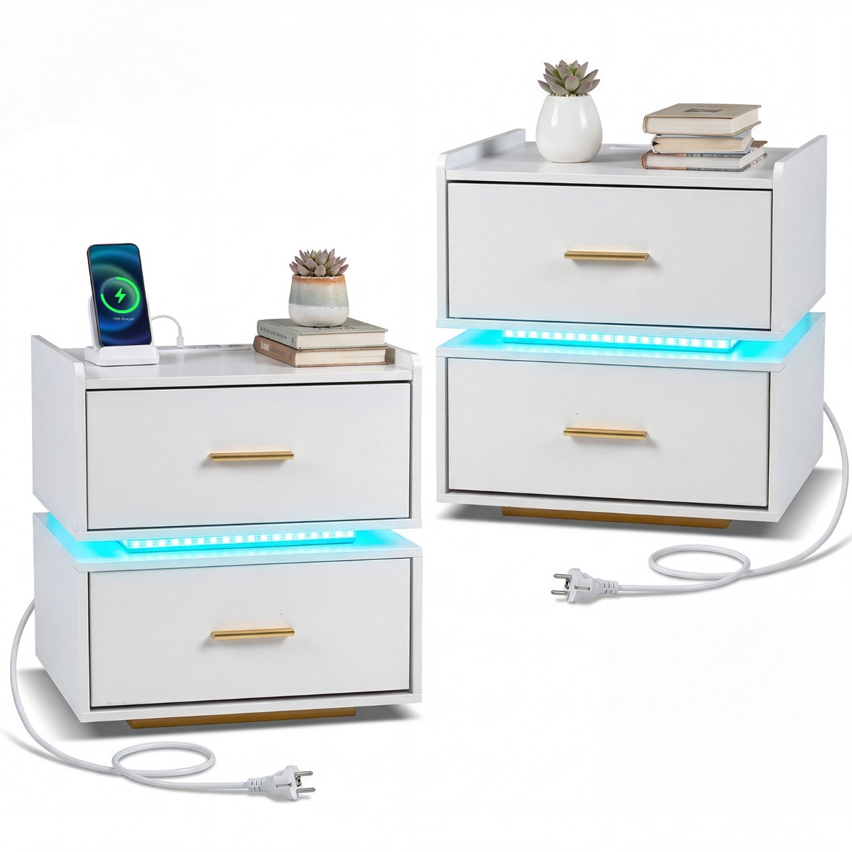 Costway Juego de 2 Mesitas de Noche con Estación de Carga LED 2 Cajones Almacenamiento Semi-flotante Base Metal para Salón Dormitorio Blanco