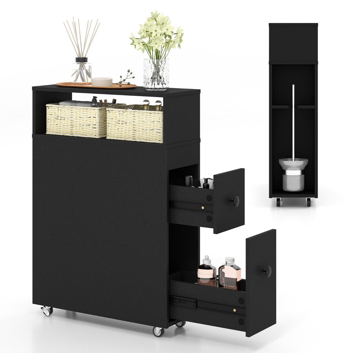 Mueble Estrecho Móvil de Baño con Ruedas Armario con Cajones Deslizantes Extraíbles Cestas de Mimbre Porta Escobilla 50 x 19 x 72 cm Negro Costway