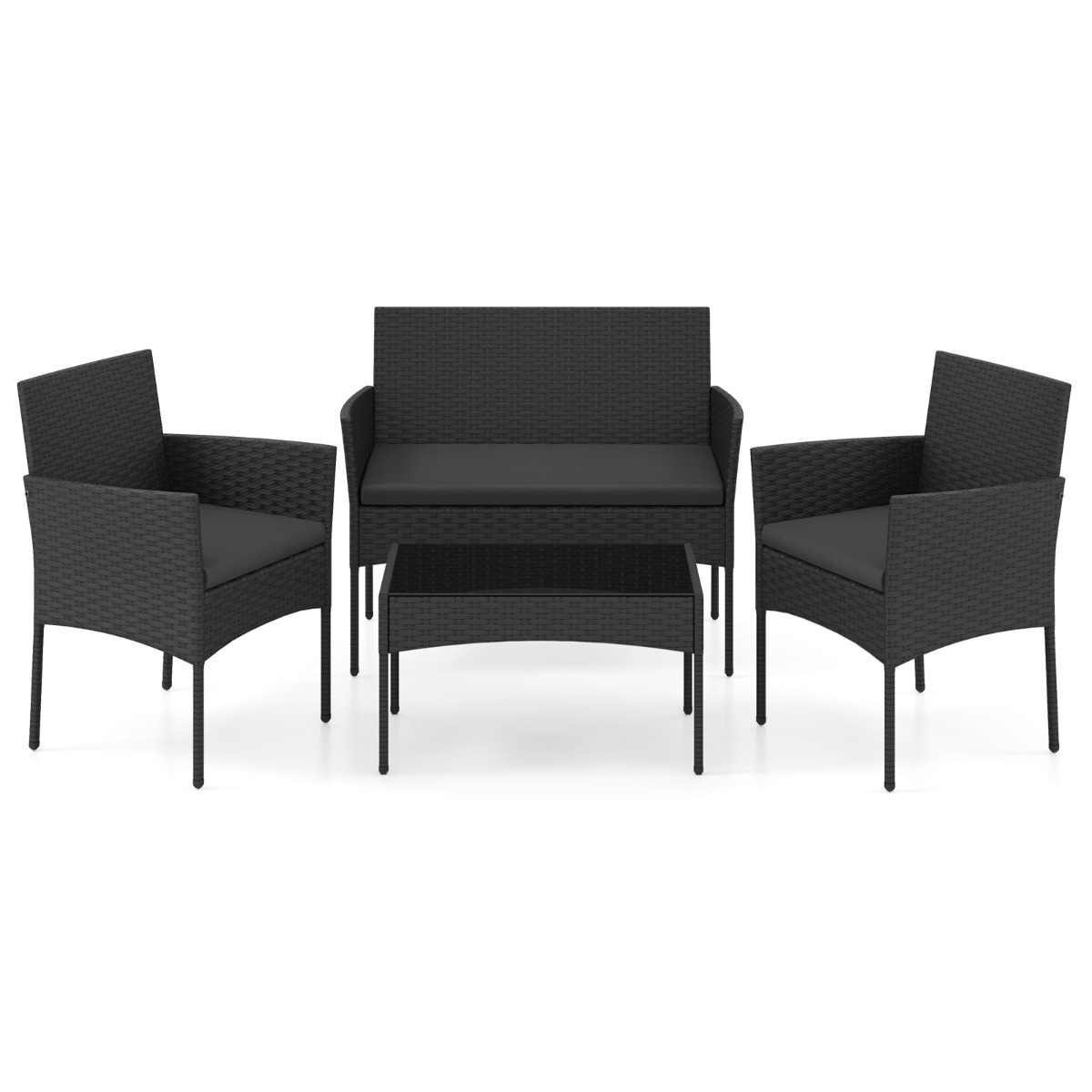 Conjunto de Ratán Jardín 4 Piezas con 2 Sillones Sofá 2 Plazas Mesa Auxiliar Cojines Esponja para Porche Patio Terraza Negro Costway