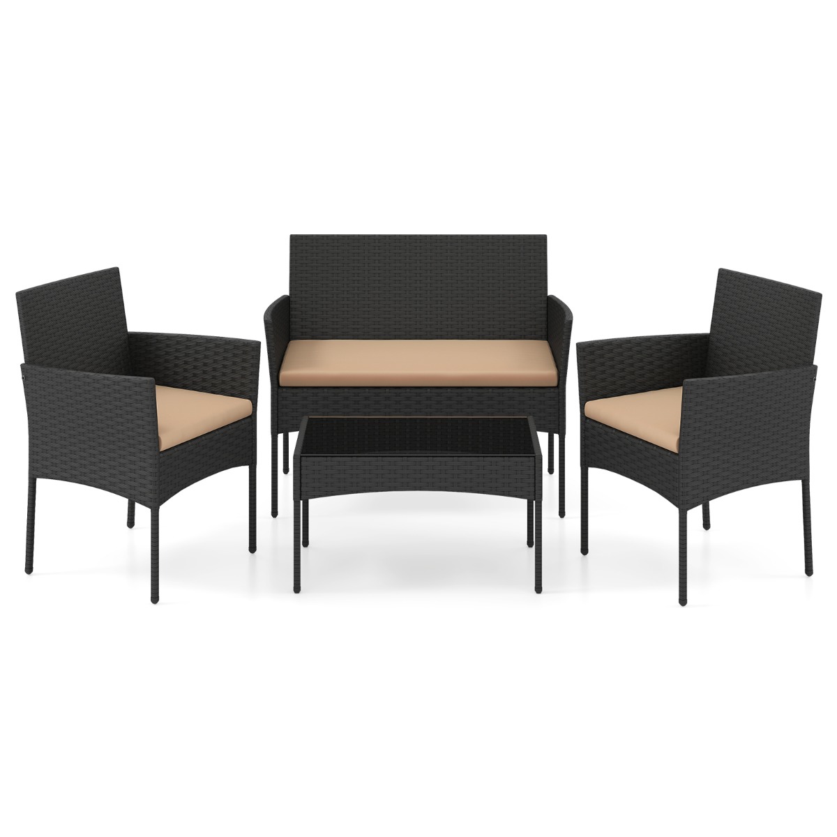 Costway Conjunto de Ratán Jardín 4 Piezas con 2 Sillones Sofá 2 Plazas Mesa Auxiliar Cojines Esponja para Porche Patio Terraza Caqui