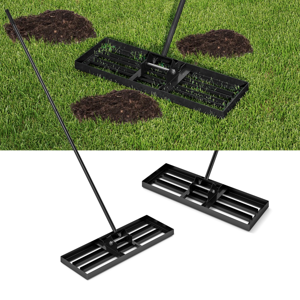 Rastrillo Nivelador de Césped 75 x 25 cm Herramienta de Césped Resistente con Mango Ergonómico para Suelo para Jardín Patio Granja-Negro Costway