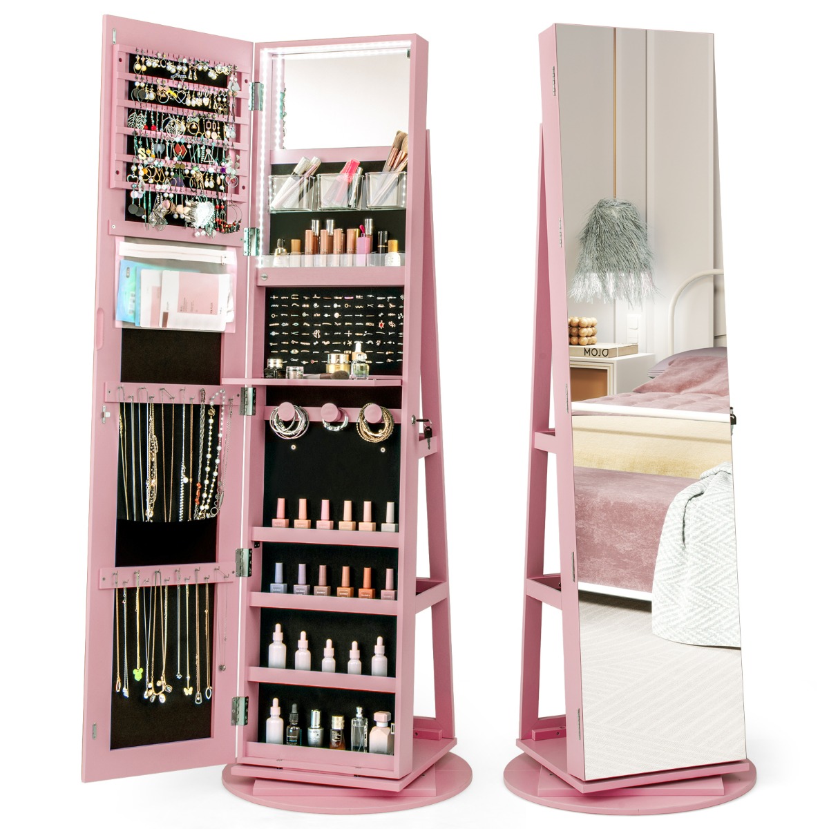 Armario Joyero Giratorio 360°con Luces LED Espejo de Cuerpo Entero Estantes de Almacenamiento 54,5 x 161 cm Rosa Costway