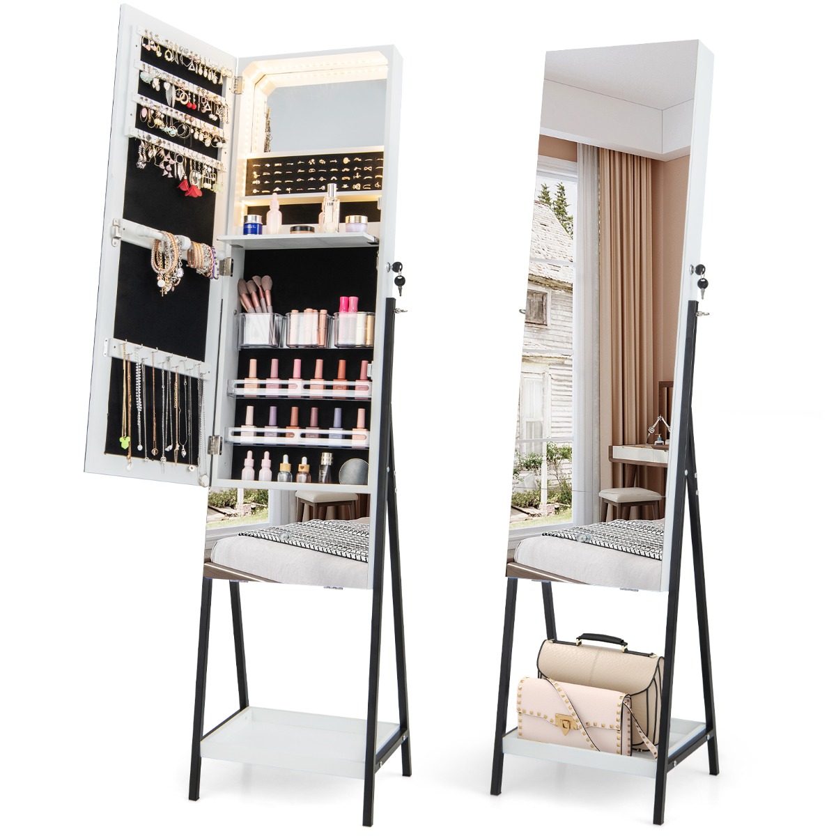 Costway Armario Para Joyería Con Cerradura Espejo sin Marco Luces LED Estante Plegable Cajón y Estante Inferior 41 x 35 x 166 cm-Blanco
