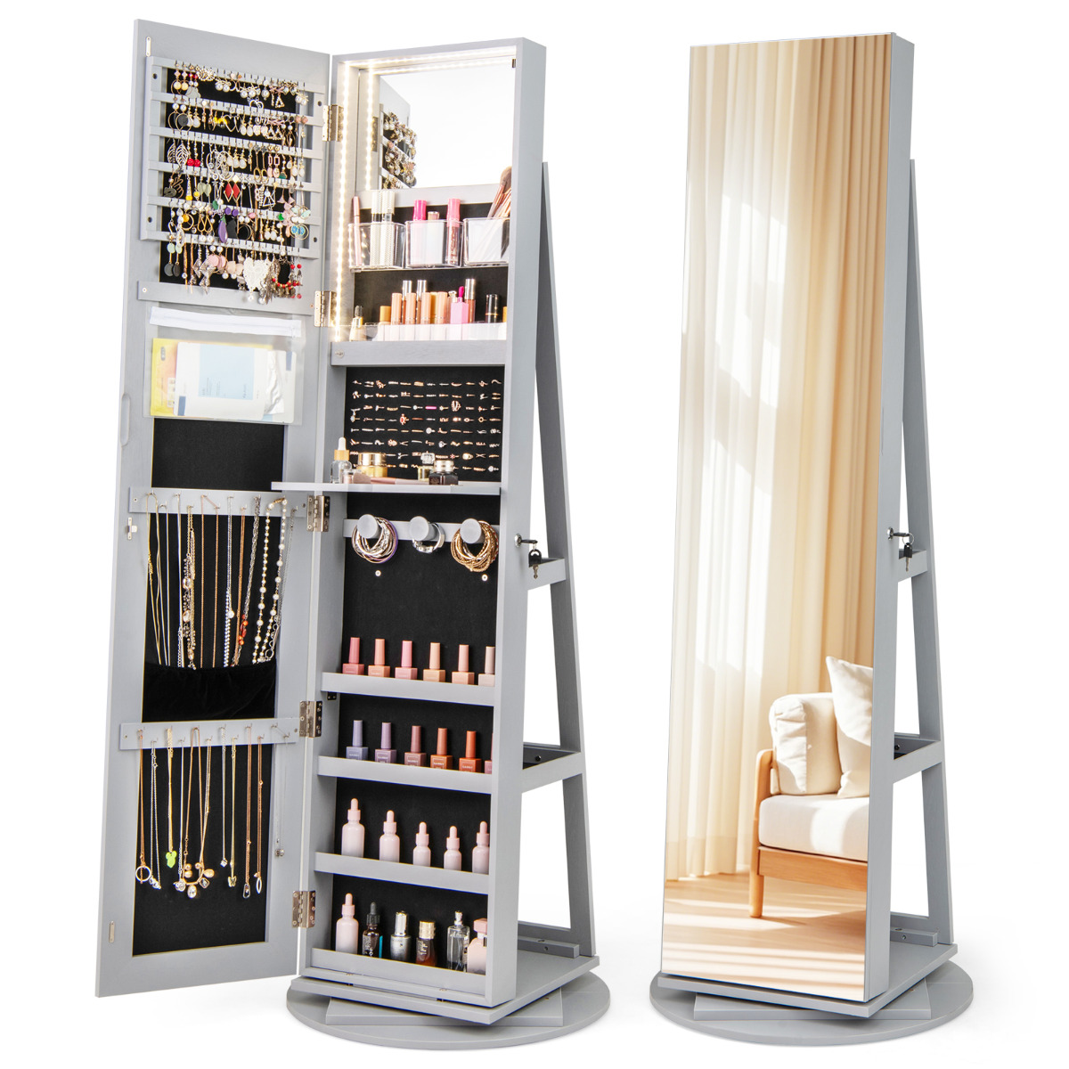 Armario Joyero Giratorio 360° con Luces LED Espejo de Cuerpo Entero Estantes de Almacenamiento 54,5 x 161 cm Gris Costway