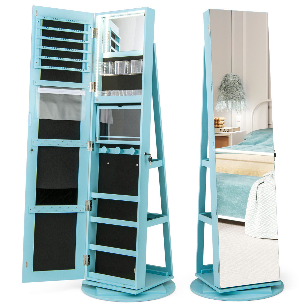 Armario Joyero Giratorio 360°con Luces LED Espejo de Cuerpo Entero Estantes de Almacenamiento 54,5 x 161 cm Azul Costway