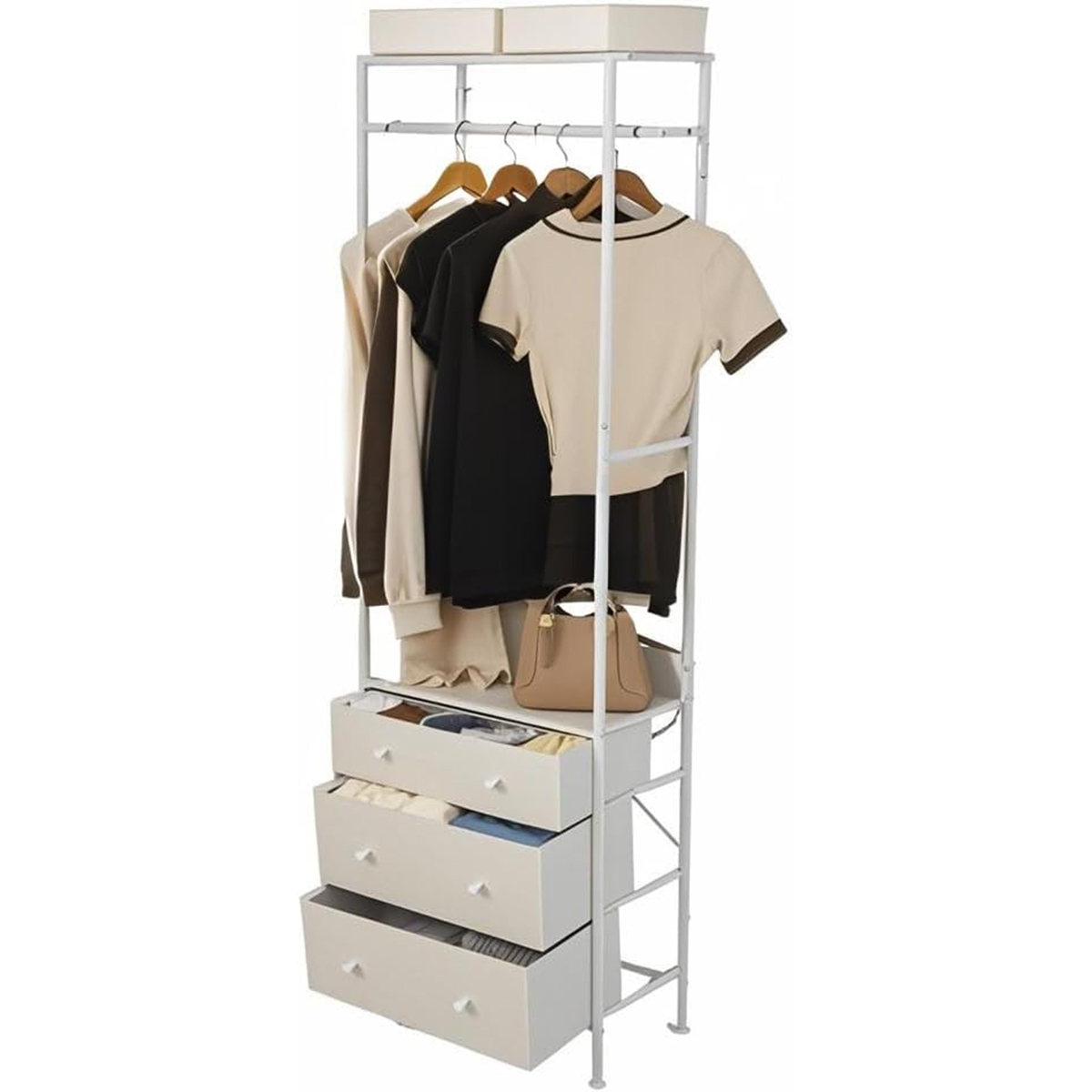 Perchero con Cajones Organizador de Armario Independiente con Barra para Colgar y Estantes para Entrada Dormitorio 55 x 28 x 176 cm Blanco Costway