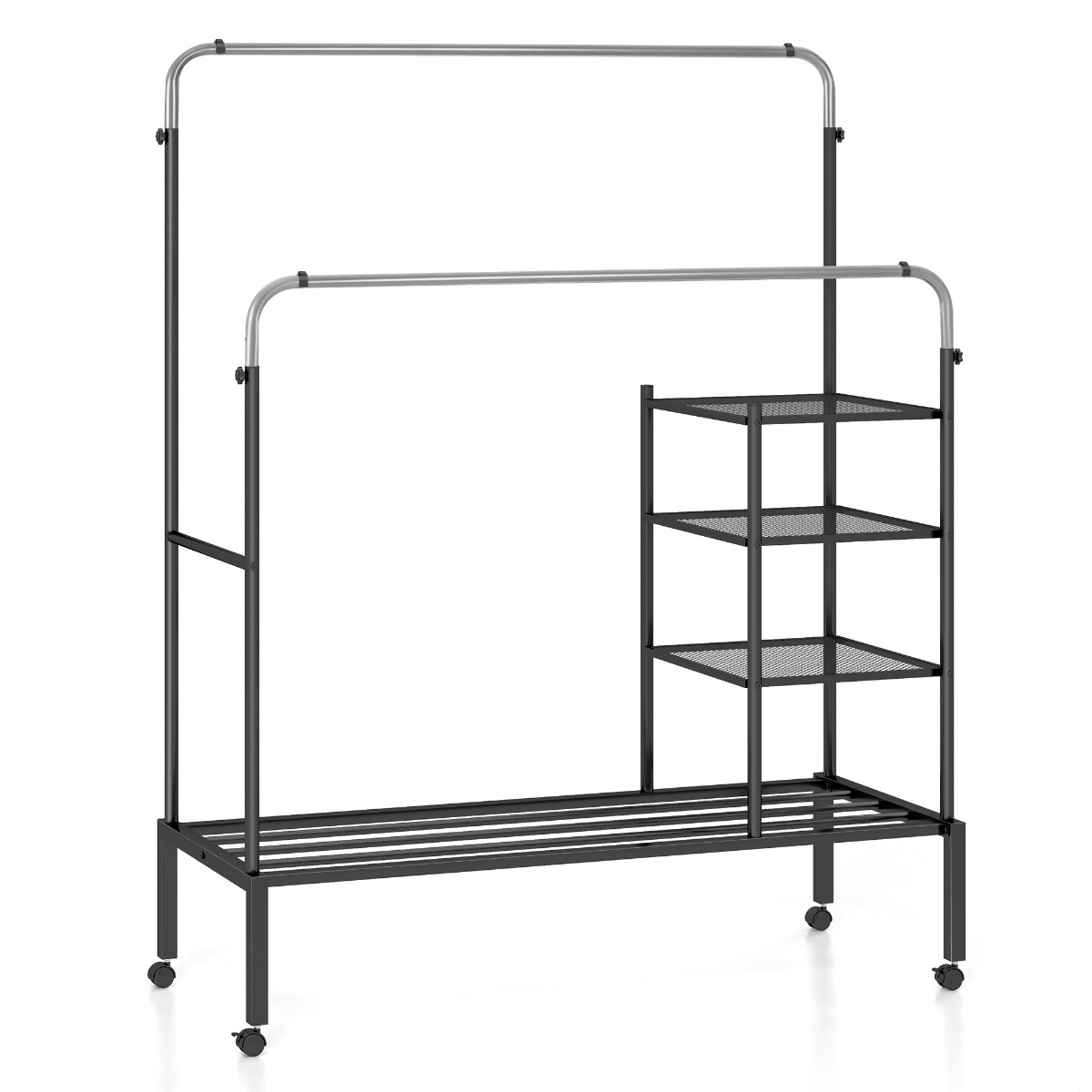 Costway Perchero de Doble Varilla con Barras para Colgar de Altura Ajustable Estantes de Almacenamiento Ruedas Bloqueables para Colgar Plata