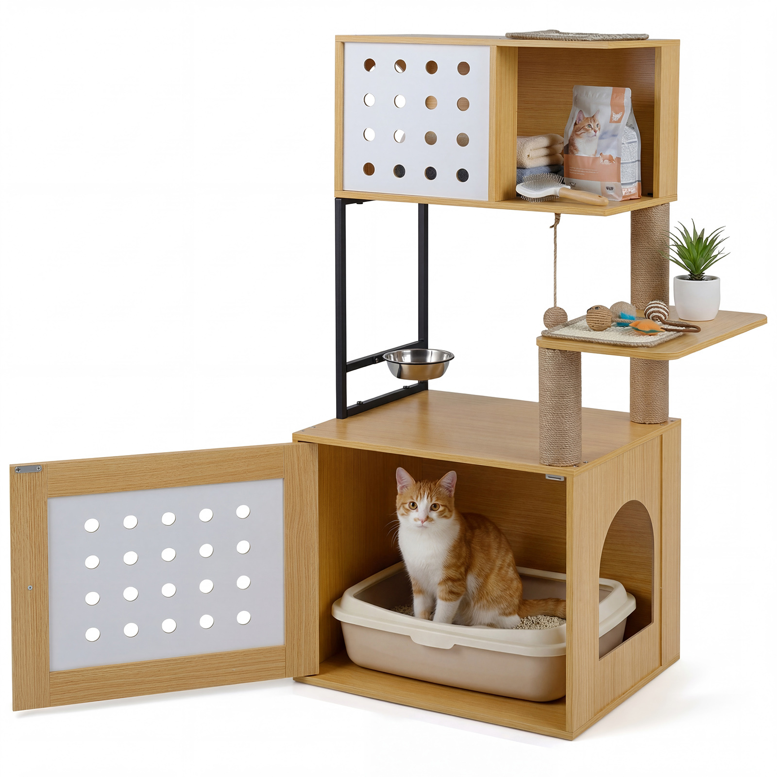 Árbol Rascador Gatos Múltiples Niveles con Postes Sisal Condo Zona Comida Bola Colgante Recinto Caja Arena 117cm Natural Costway