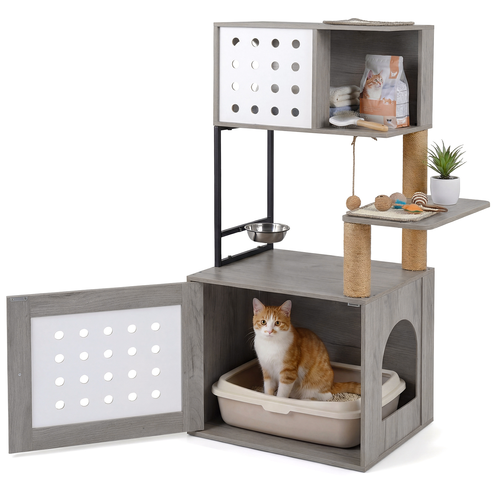 Árbol Rascador Gatos Múltiples Niveles con Postes Sisal Condo Zona Comida Bola Colgante Recinto Caja Arena 117cm Gris Costway