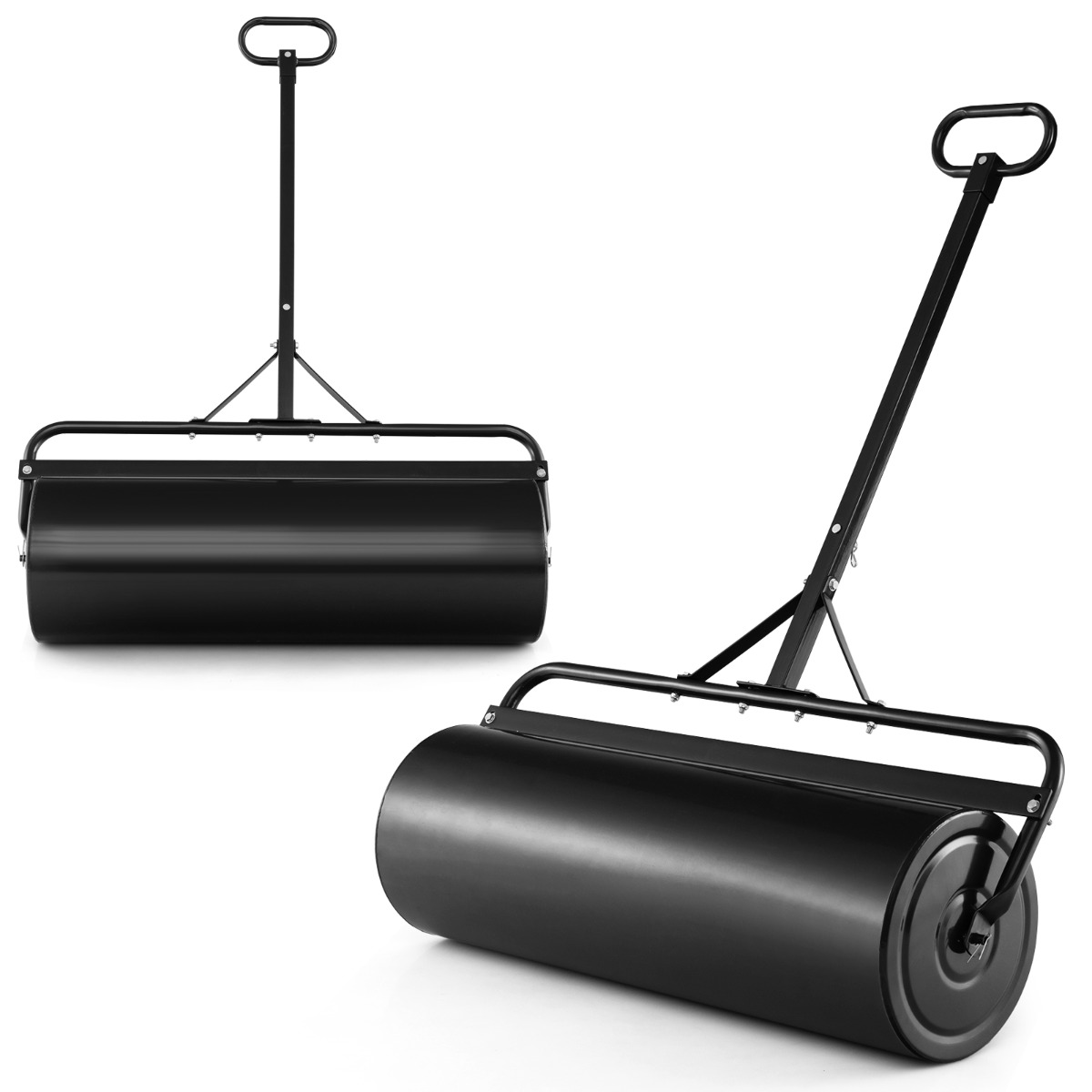 63L Rodillo de Césped de Metal Rodillo de Sod Ø30cm Llenado de Agua/Arena Empujado/Remolcado con Mango Desmontable para Jardín Patio Negro Costway