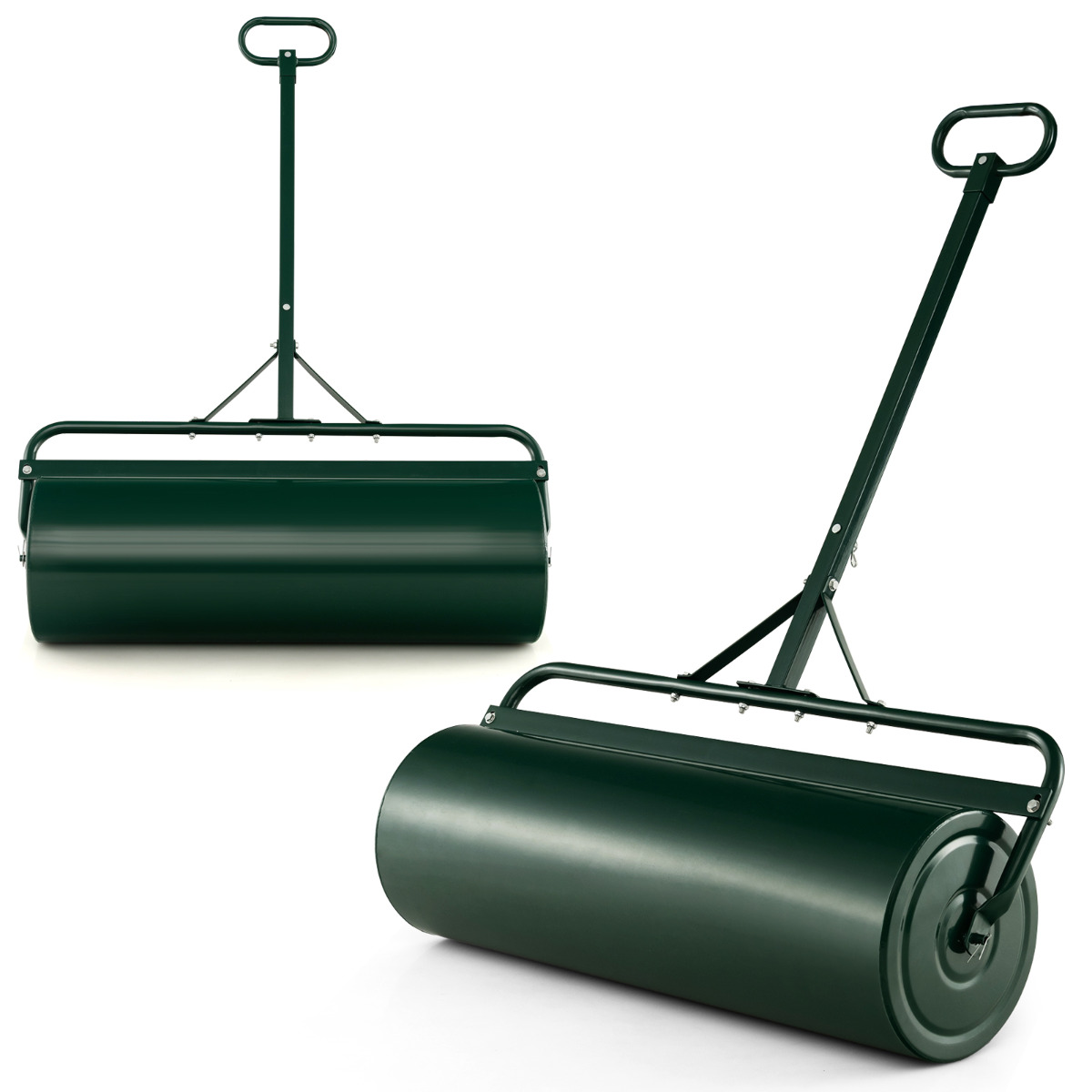 63L Rodillo de Césped de Metal Rodillo de Sod Ø30cm Llenado de Agua/Arena Empujado/Remolcado con Mango Desmontable para Jardín Patio Verde Costway