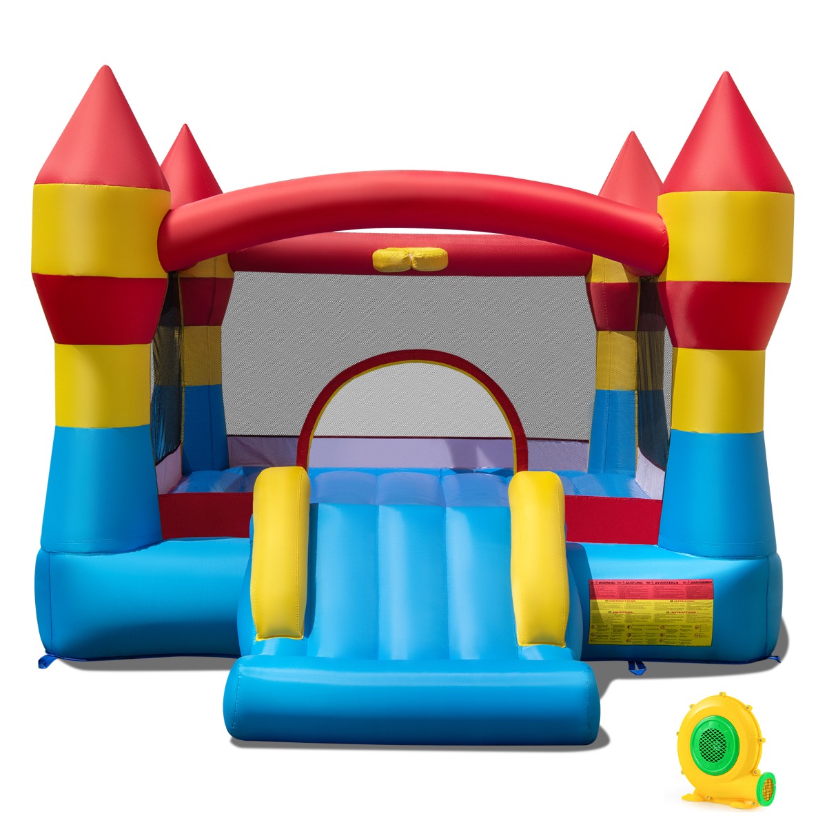 Costway Set de Castillo Inflable 3 en 1 con Tobogán Zona de Salto y Aro de Baloncesto y Soplador 550W para Niños Jardín Fiestas