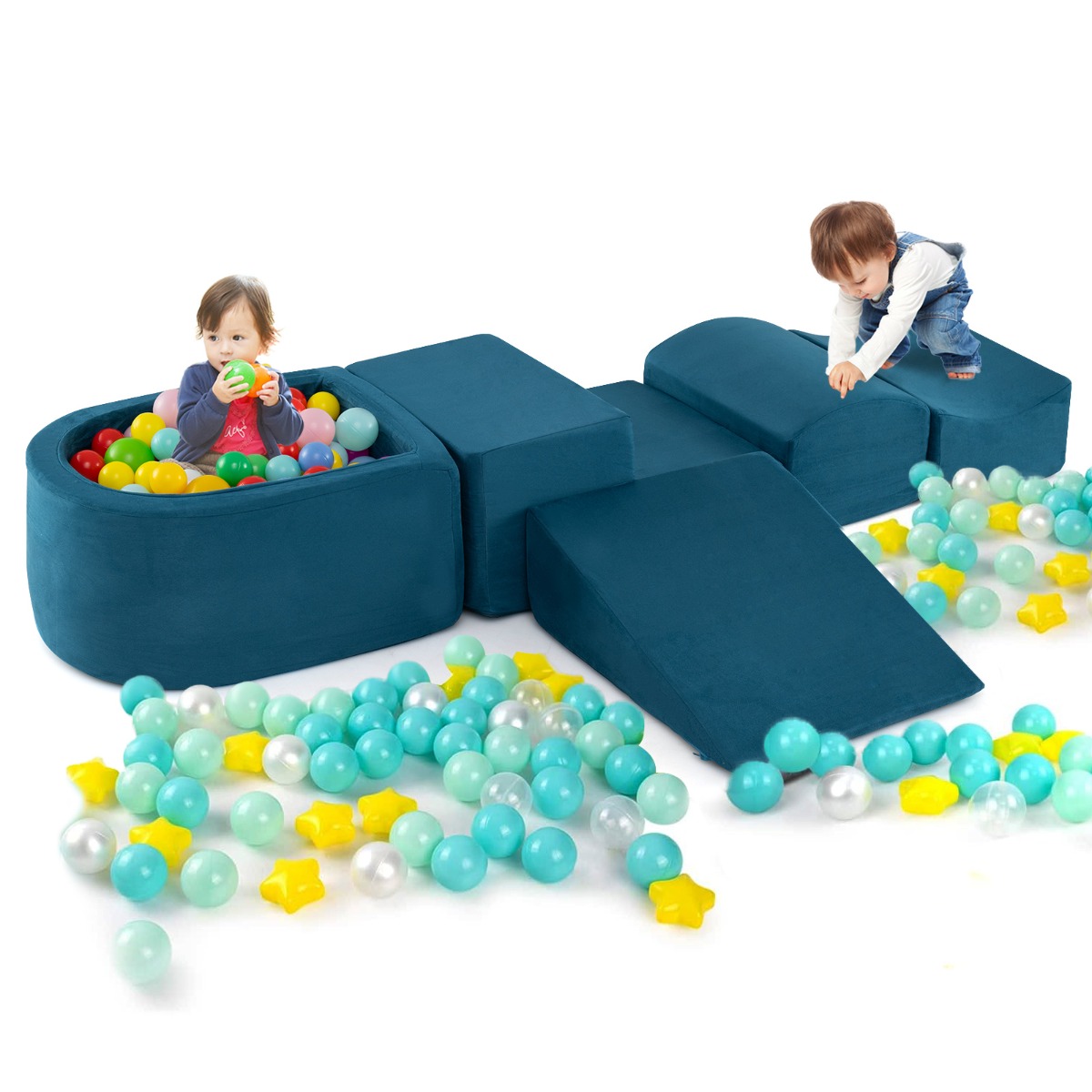 Set de Juegos de Escalada y Gateo de 5 Piezas con Piscina de Pelotas y Funda Lavable a Máquina Zona Suave de Escalada para Bebés Azul Costway