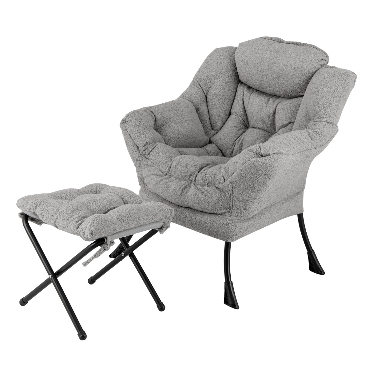 Sillón con Otomana Sillón de Ocio Moderno con Reposapiés Plegable Cojín de Cabeza Reposabrazos Silla Tapizada para Salón Dormitorio Gris Costway