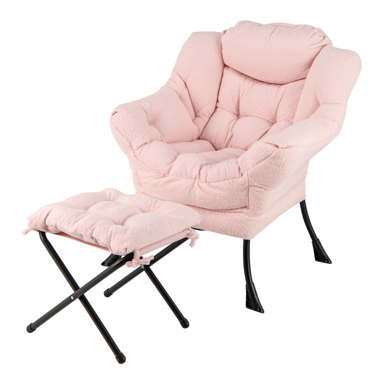 Sillón con Otomana Sillón de Ocio Moderno con Reposapiés Plegable Cojín de Cabeza Reposabrazos Silla Tapizada para Salón Dormitorio Rosa Costway