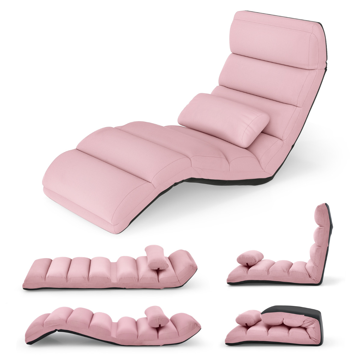 Sillón Plegable a Ras de Suelo Sofá Acolchado y Recubierto en Falso Ante Regulable en 5 Posiciones Soporte para Espalda Rosa Costway