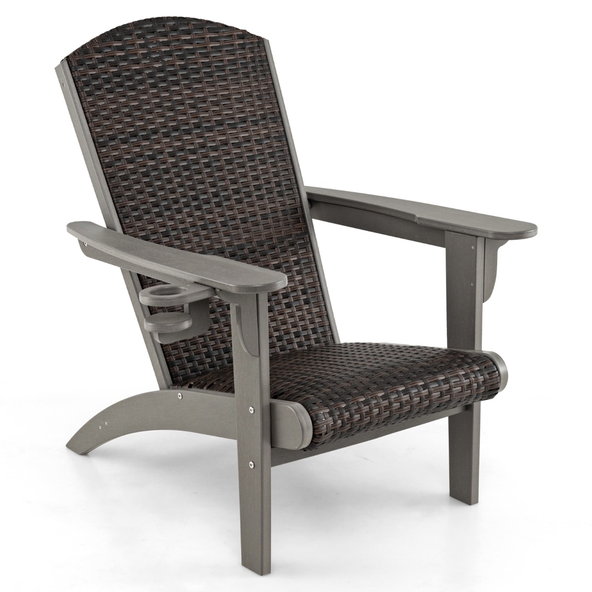 Silla Adirondack para Patio HDPE con Asiento y Respaldo Acolchonados de Ratán Reposabrazos Anchos y Portavasos-Gris Costway