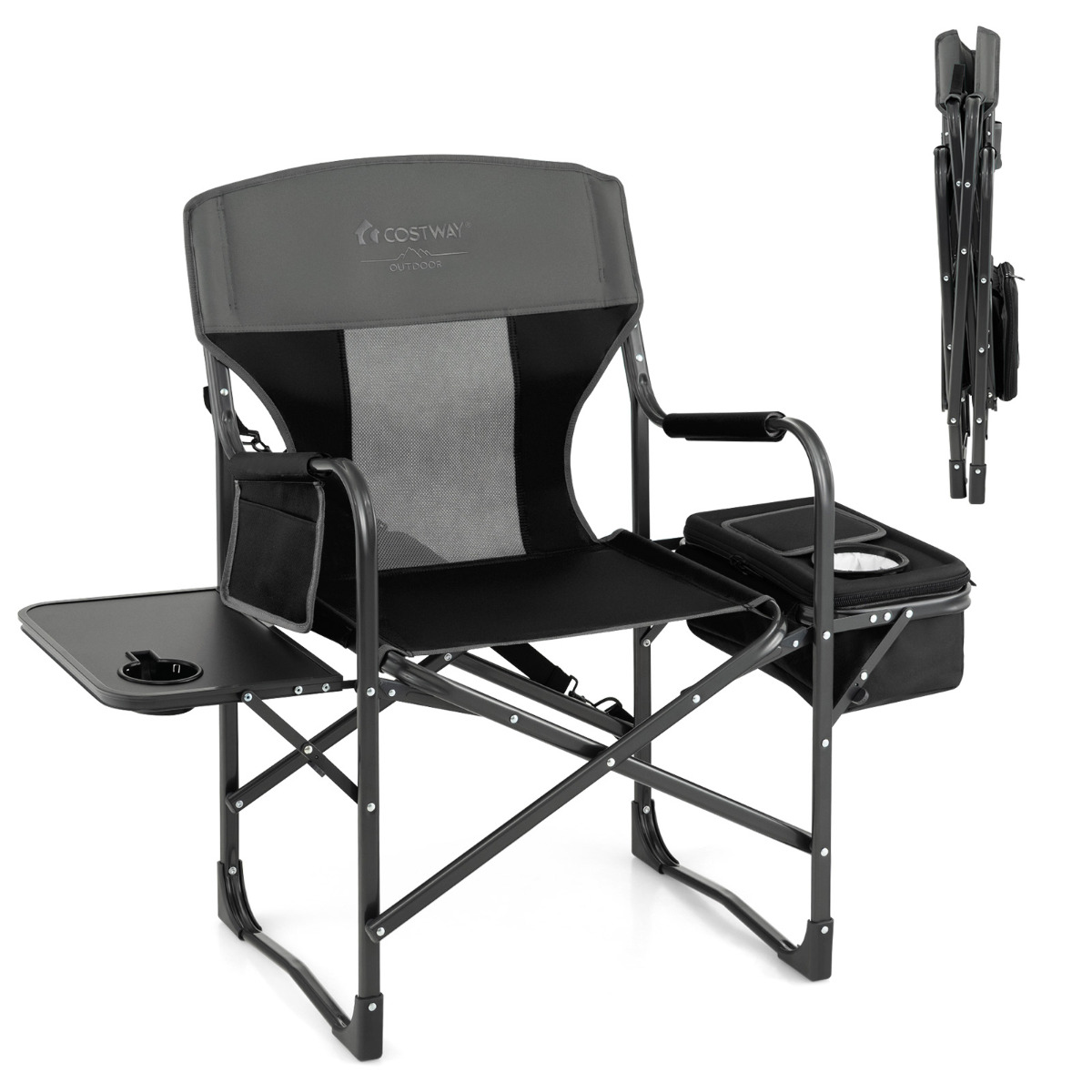 Silla de Camping Plegable Silla de Director con Mesa Lateral Bolsa Nevera Carga 180 kg para Senderismo Pesca Picnic 113 x 56 x 98 cm Negro Costway