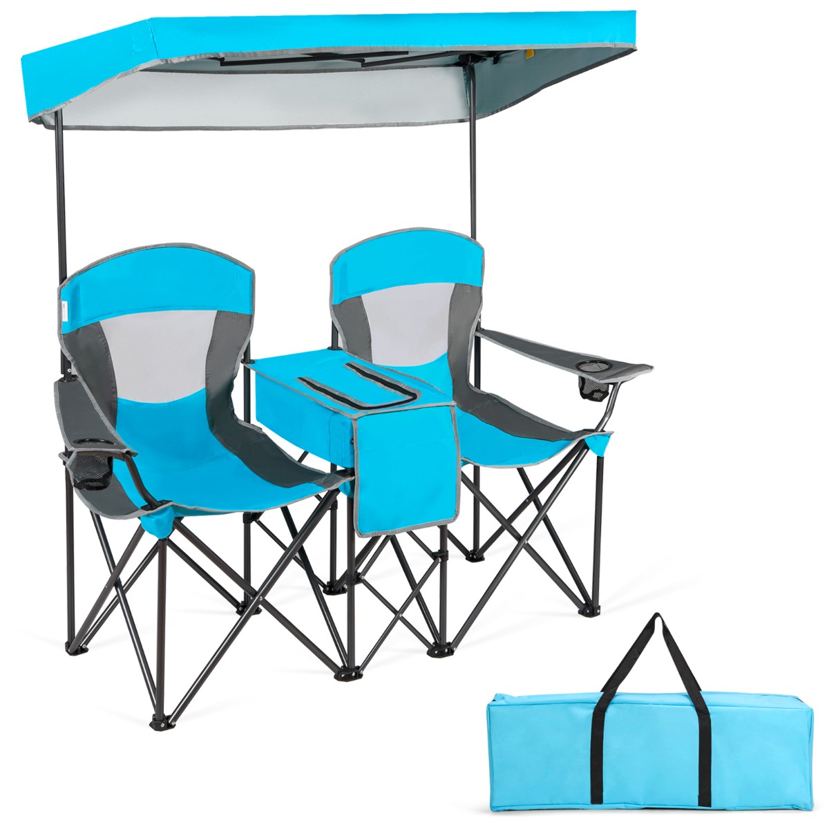 Silla de Camping Plegable Doble con Bolsa de Transporte Dosel Ajustable y Desmontable Mini Mesa 166,5 x 71 x 151 cm-Azul Costway