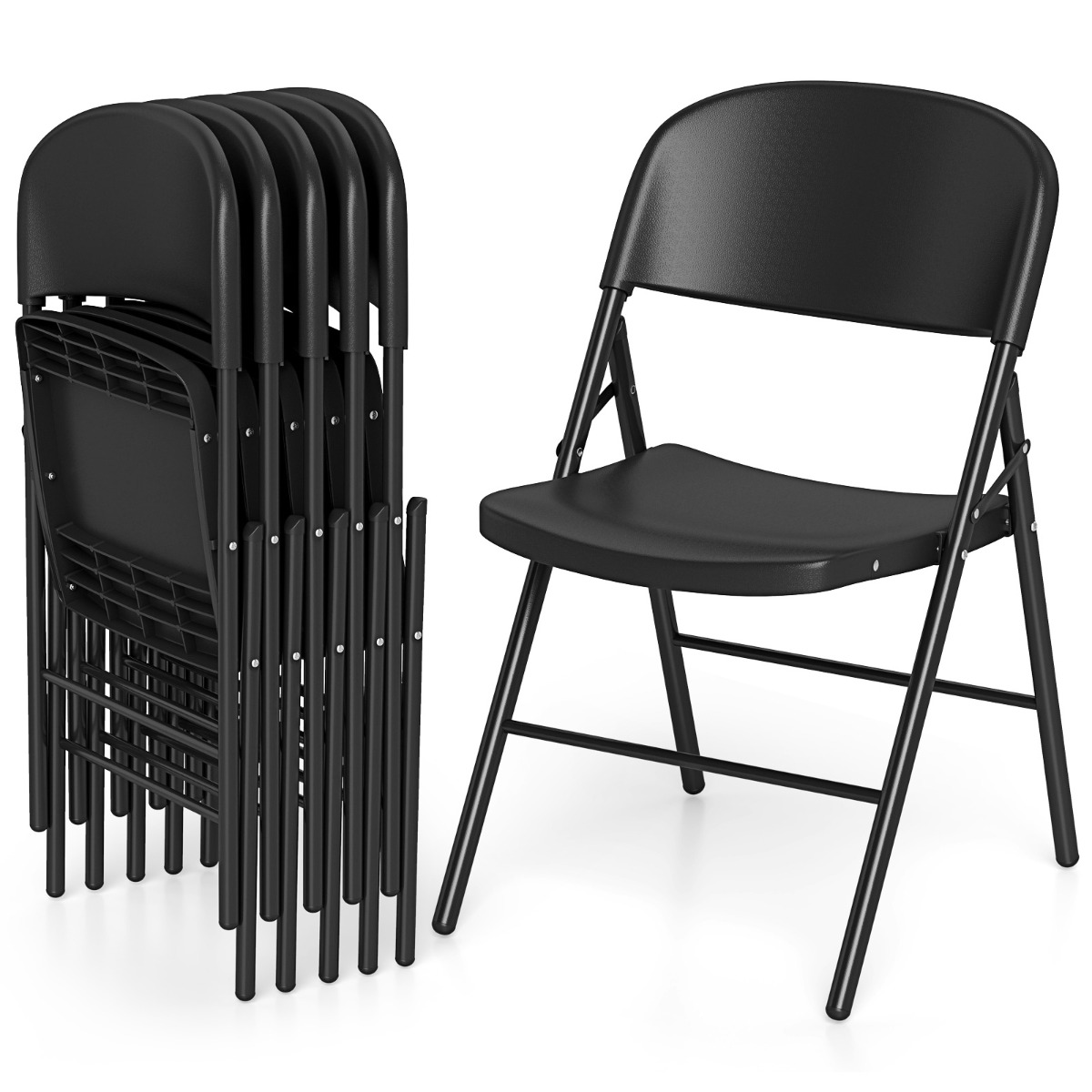 Costway 6 Sillas Plegables Plástico Comerciales con Respaldo y Estructura Metálica para Interior Exterior Oficinas Bodas Fiestas Negro