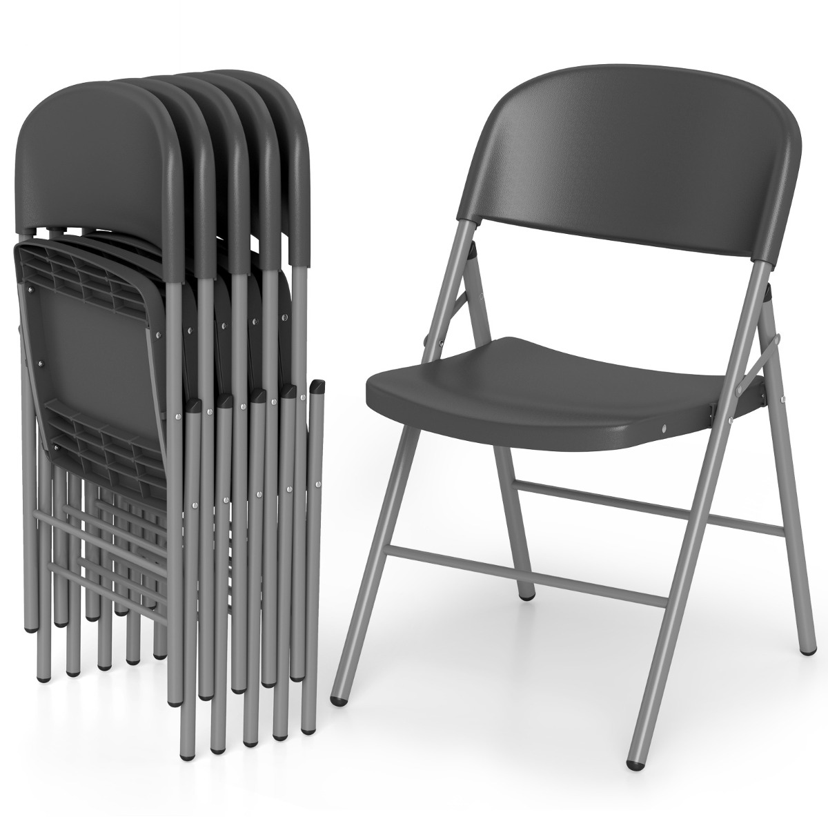 Costway 6 Sillas Plegables Plástico Comerciales con Respaldo y Estructura Metálica para Interior Exterior Oficinas Bodas Fiestas Gris Oscuro