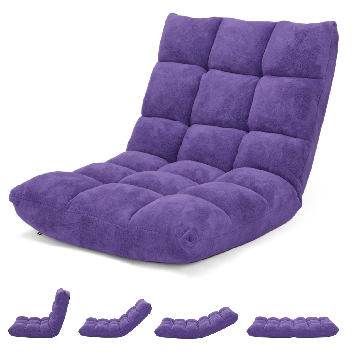 Sofá Perezoso Sofá Plegable Respaldo Ajustable 14 Posiciones Silla de Dormitorio Sala 105 x 56 x 15 cm Violeta Costway