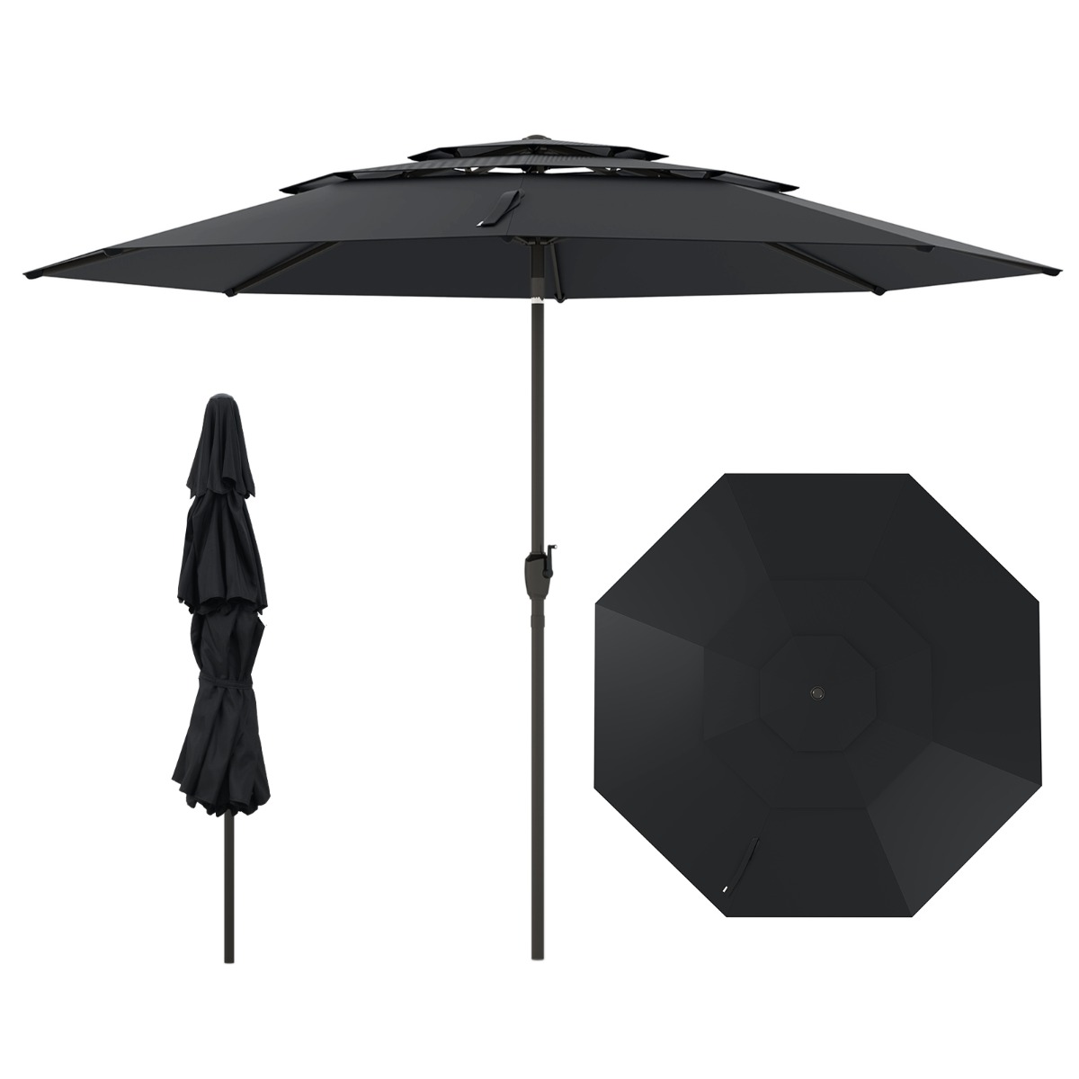 Sombrilla de Patio Ventilada de 3 Niveles con Botón de Inclinación Manivela 8 Varillas Resistentes 300 x 300 x 245 cm Negro Costway