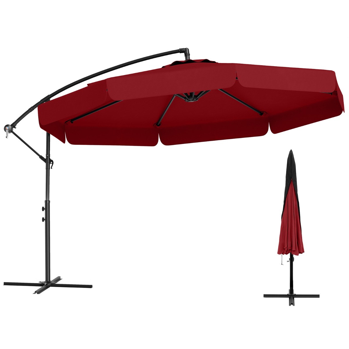 Sombrilla Colgante de 305 cm con Funda Ajuste de Inclinación Manivela 8 Varillas para Exterior-Rojo Costway