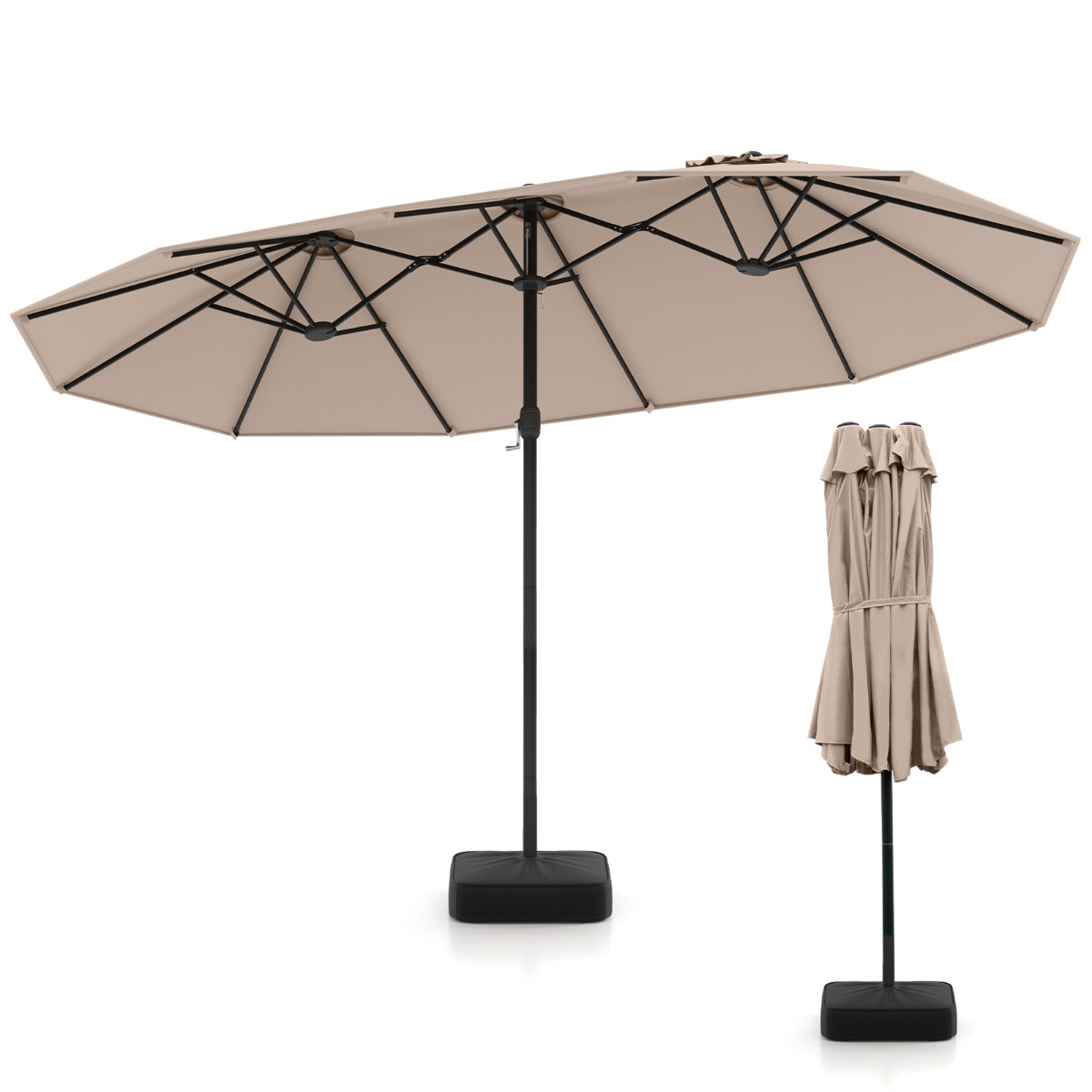 Sombrilla de Patio de Doble Cara con 12 Varillas Metálicas y Base Estable 2 Bolsas para Arena Parte Superior Ventilada-Café Costway