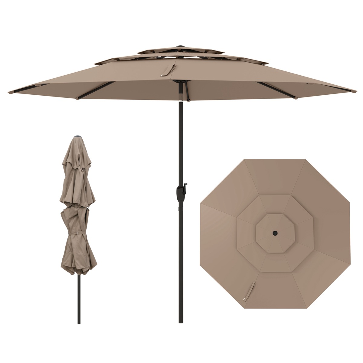 Sombrilla de Patio Ventilada de 3 Niveles con Botón de Inclinación Manivela 8 Varillas Resistentes 300 x 300 x 245 cm-Marrón Costway