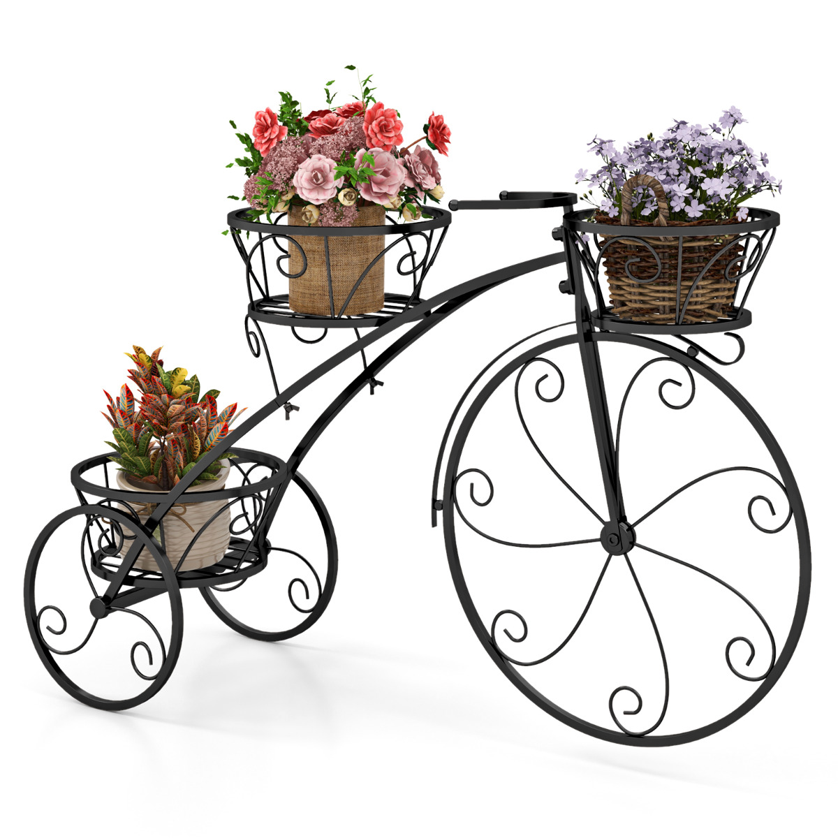 Soporte para Plantas en Forma de Triciclo Soporte para Macetas con 3 Cestas Huecas y Ruedas Aspecto Parisino para Patio Jardín Negro Costway