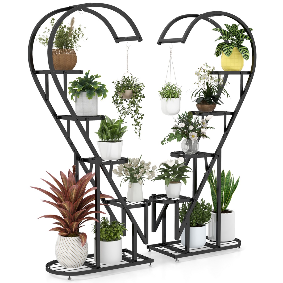 Juego de 2 Soportes Para Plantas de Metal de 5 Niveles Con Escalera en Forma de Corazón y Gancho para Colgar 71 x 30,5 x 148 cm -Negro Costway