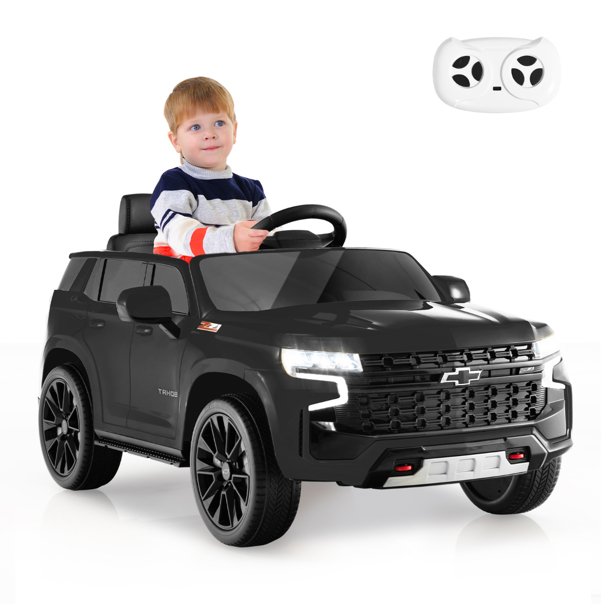 Costway SUV para Niños de 12 V Vehículo Eléctrico a Batería Chevrolet Tahoe con Control Remoto de 2,4 G Suspensión de Resorte Luces Música Negro